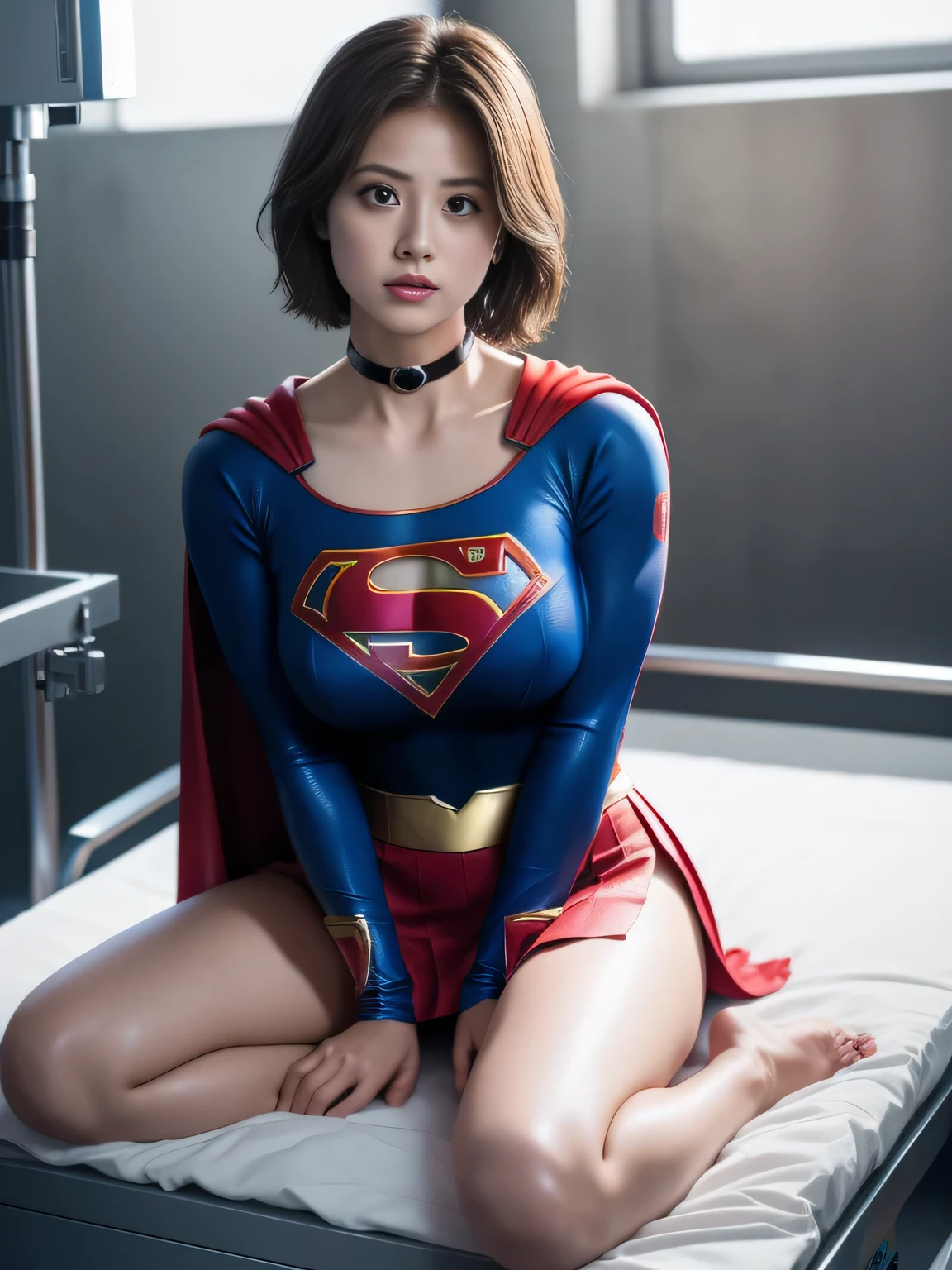 masterpiece、supergirl costume、short hair、barefoot、big and full breasts、Experimental facility、operating table、straddle、Tattered、shiny、look at the camera、Seduce、choker、red mini skirt、long sleeve