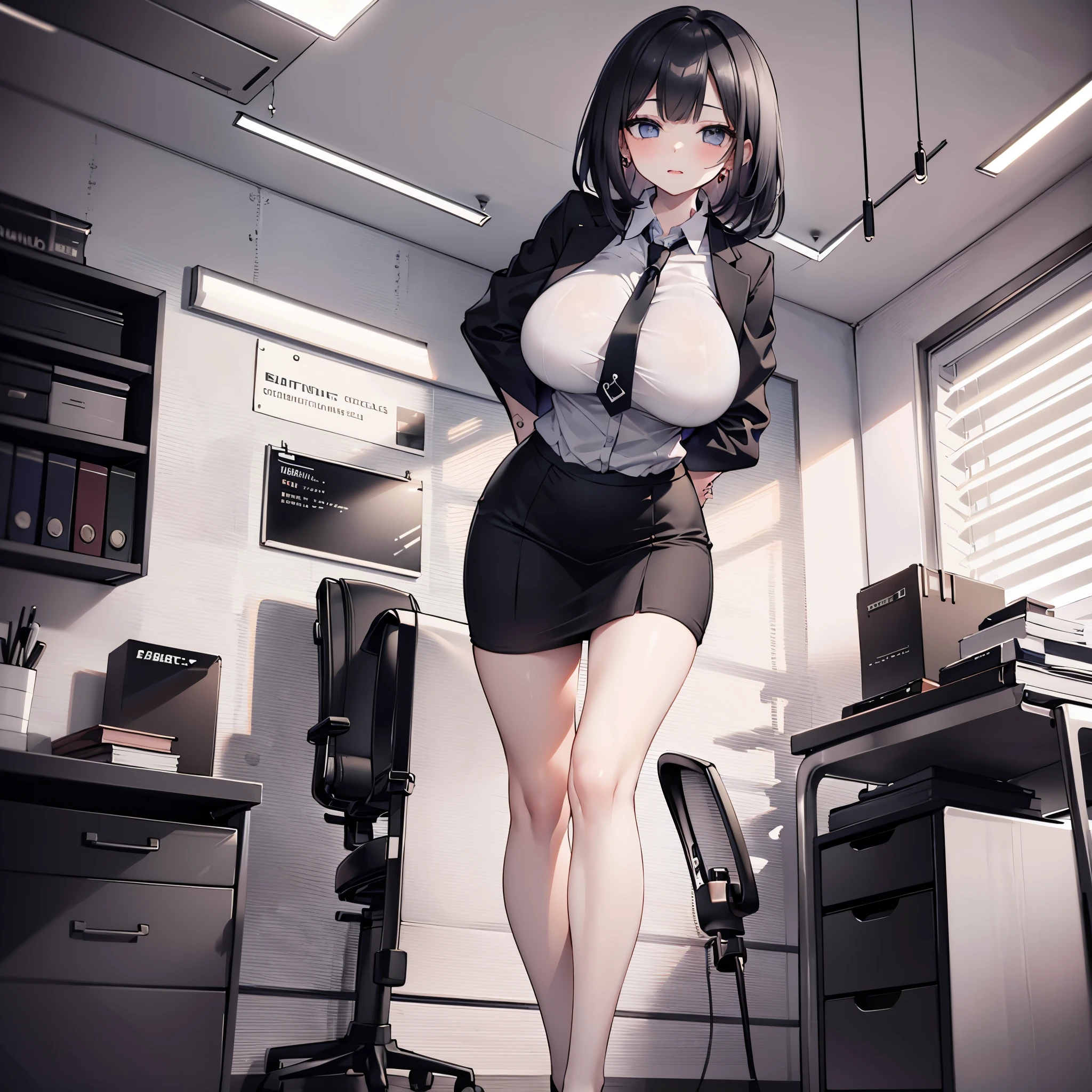 (solo 1 very skinny girl standing in office:1.3), (swaying back), (arms behind back), (business suits:1.3), black blazer over white dress shirts, blazer with closing chest, (bursting gigantic huge breasts:1.2), necktie, (inconceivably narrow waist:1.²), too short black skirt, thigh gap, highheels, nose blush, perfect anatomy, orgasm