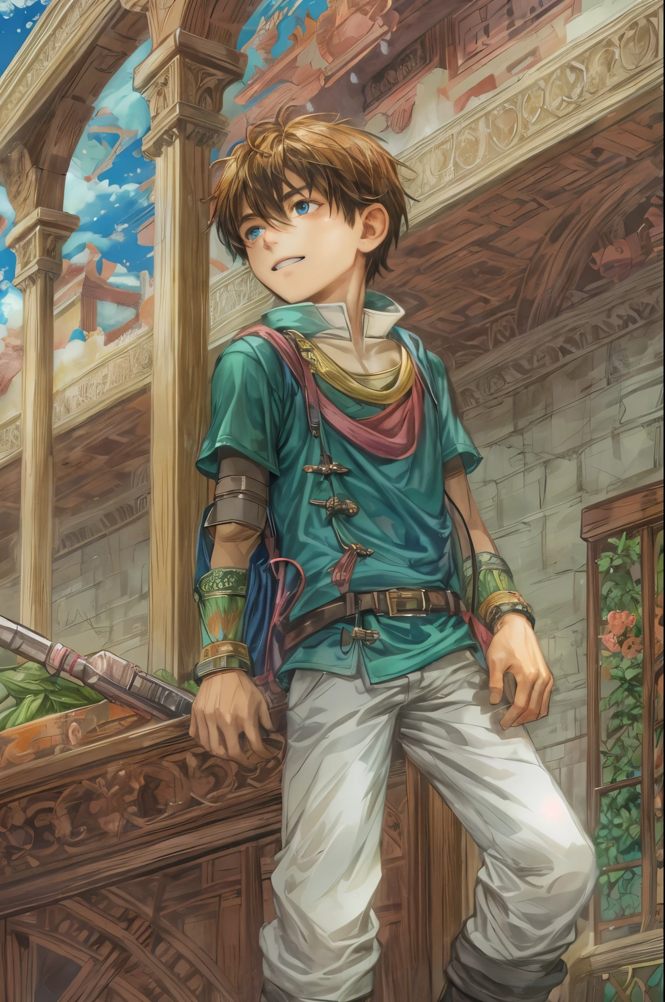 (absurdres, highres, simple detailed, HDR), simple masterpiece, best quality, 1 boy , short hair, handsome face, anime eyes, character from dragon quest, (handsome(from below:1.1)) simple interior, gnostic scenery