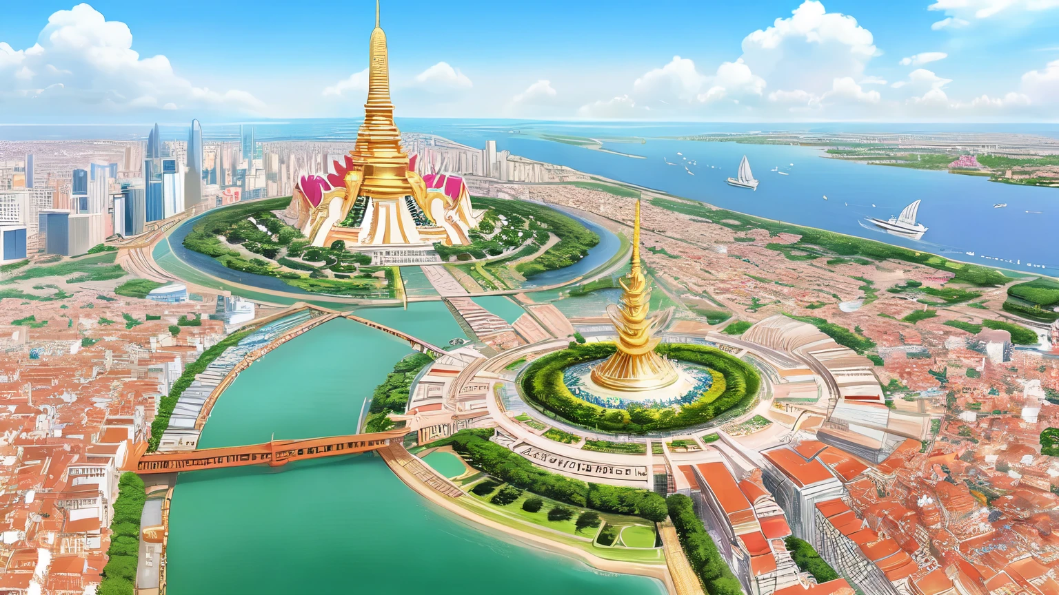An anime-style aerial view of Bangkok, with a focus on the glittering Wat Arun temple at the heart of the city.
The intricate details of the temple's architecture are highlighted in gold, standing majestically along the riverbank.
The surrounding cityscape basks in the bright, clear sky, showcasing a harmonious blend of tradition and modernity.
