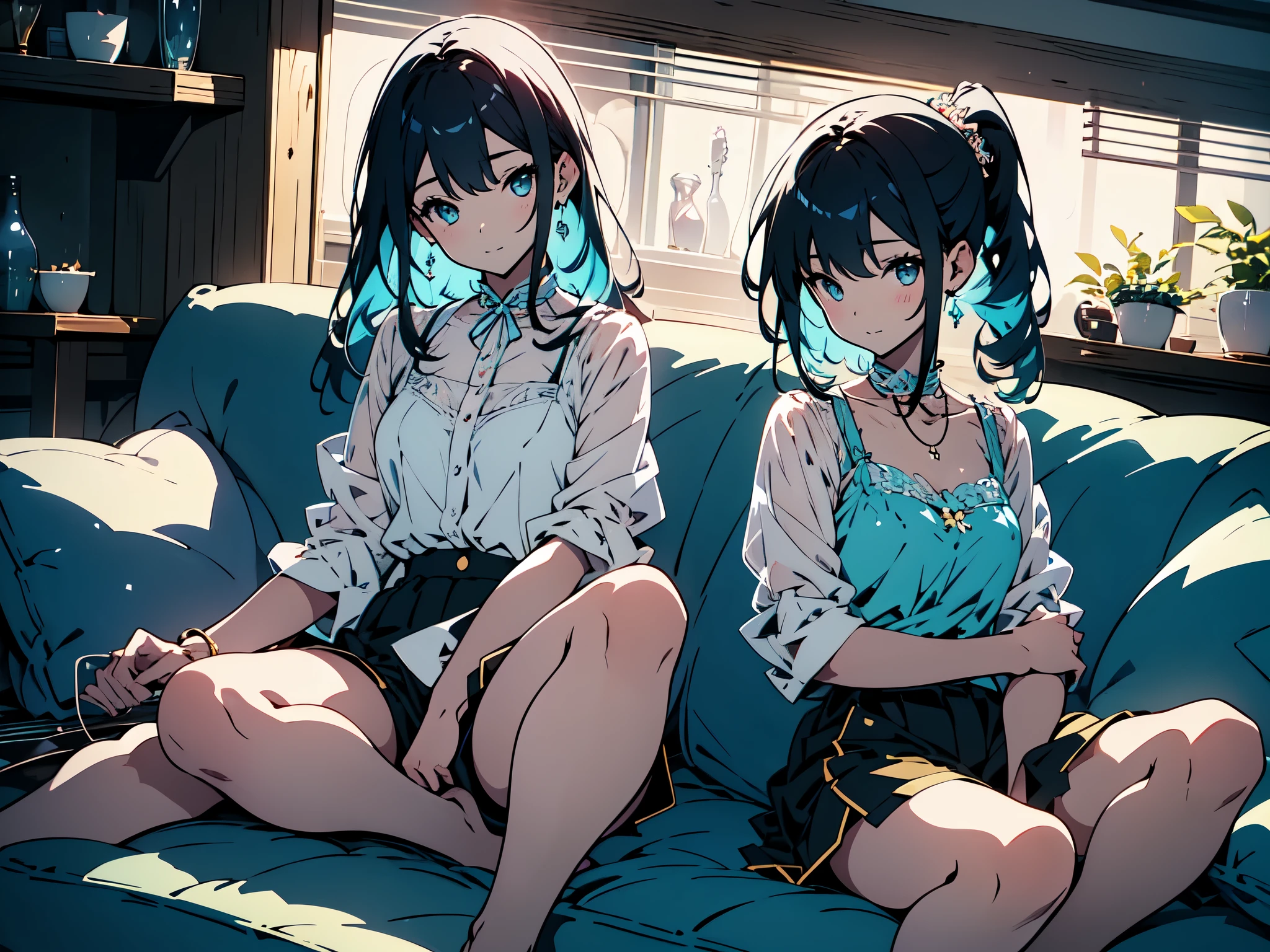 (masterpiece, 、High resolution、highest quality),(shining eyes、From Kira), alone, 1 girl, cute,(light blue bra and shorts、sensual)、sit with your knees up on the sofa in the living room, spread your legs、beautiful anime