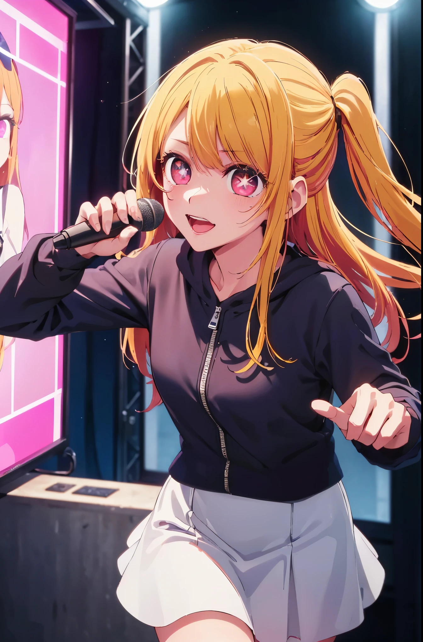 Ruby Hoshino、Ruby Hoshino、(yellow hair:1.5)、long hair、one side up、(pink eyes:1.5)、side lock、(Star-shaped eyes:1.5)、(symbol-shaped pupil:1.5)、(Unmatched pupils:1.5)、dark blue hoodie、white skirt, BREAK Viewer's perspective、karaoke room, have a microphone、(masterpiece:1.2)、highest quality、High resolution、Unity 8k 壁紙、(An illustration:0.8)、(beautiful detailed eyes:1.6)、highly detailed face、perfect lighting、highly detailed CG、(perfect hands、perfect anatomy)、