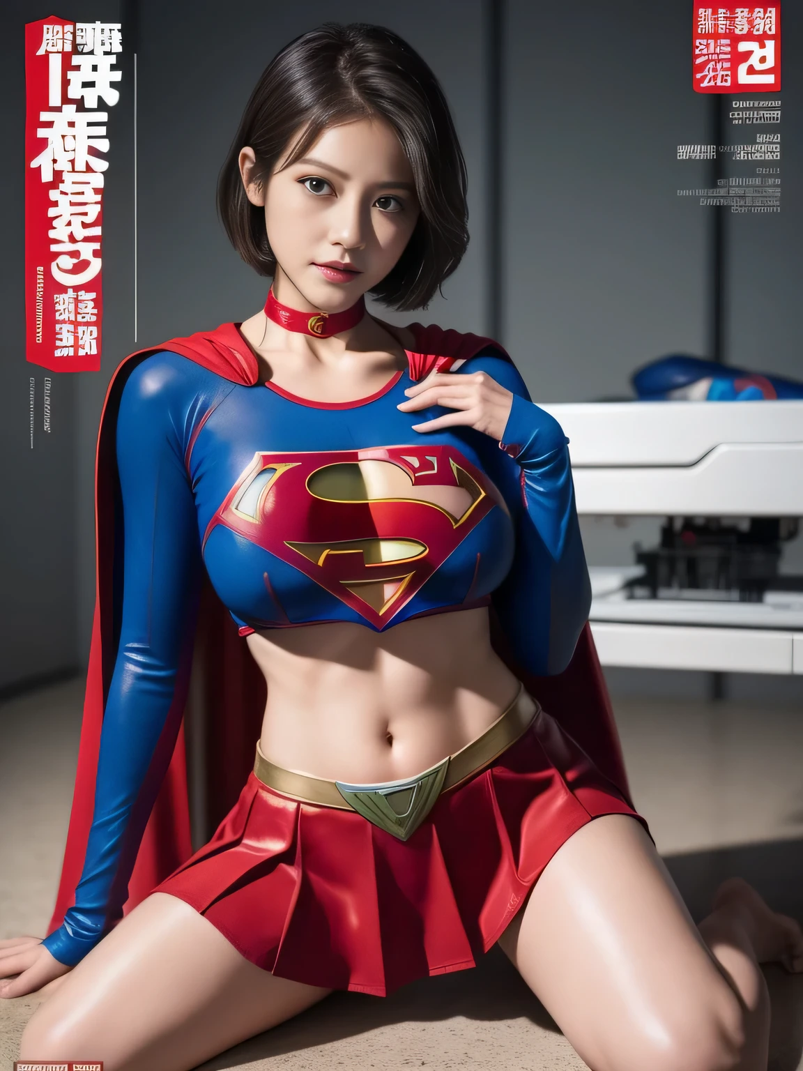 masterpiece、supergirl costume、short hair、barefoot、big and full breasts、Weekly magazine cover、Experimental facility、operating table、straddle、Tattered、shiny、look at the camera、Seduce、choker、red mini skirt、long sleeve,model body shape、from right in front