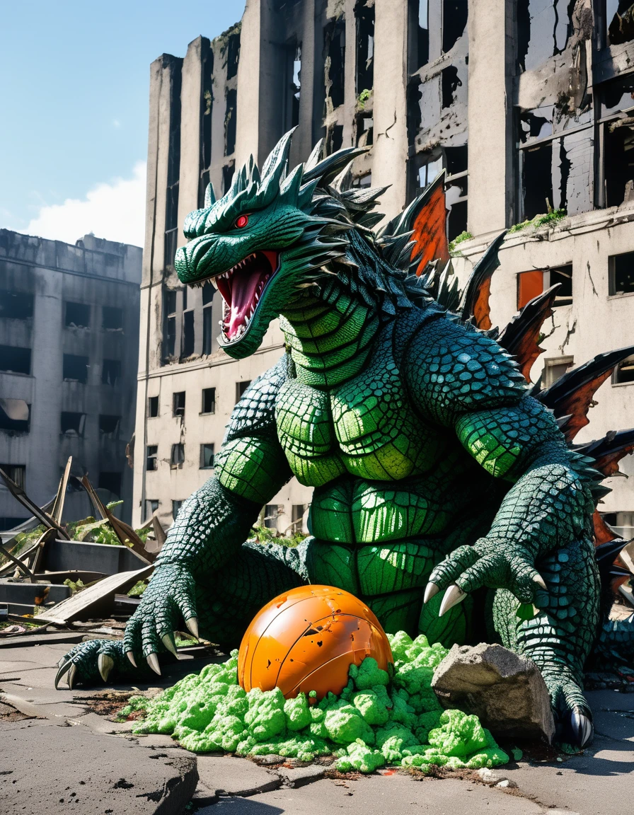 (A defeated Godzilla in the ruins of a building, sitting position, battered and bloody), being fed a Dragon ball of brilliant green energy by Mothra