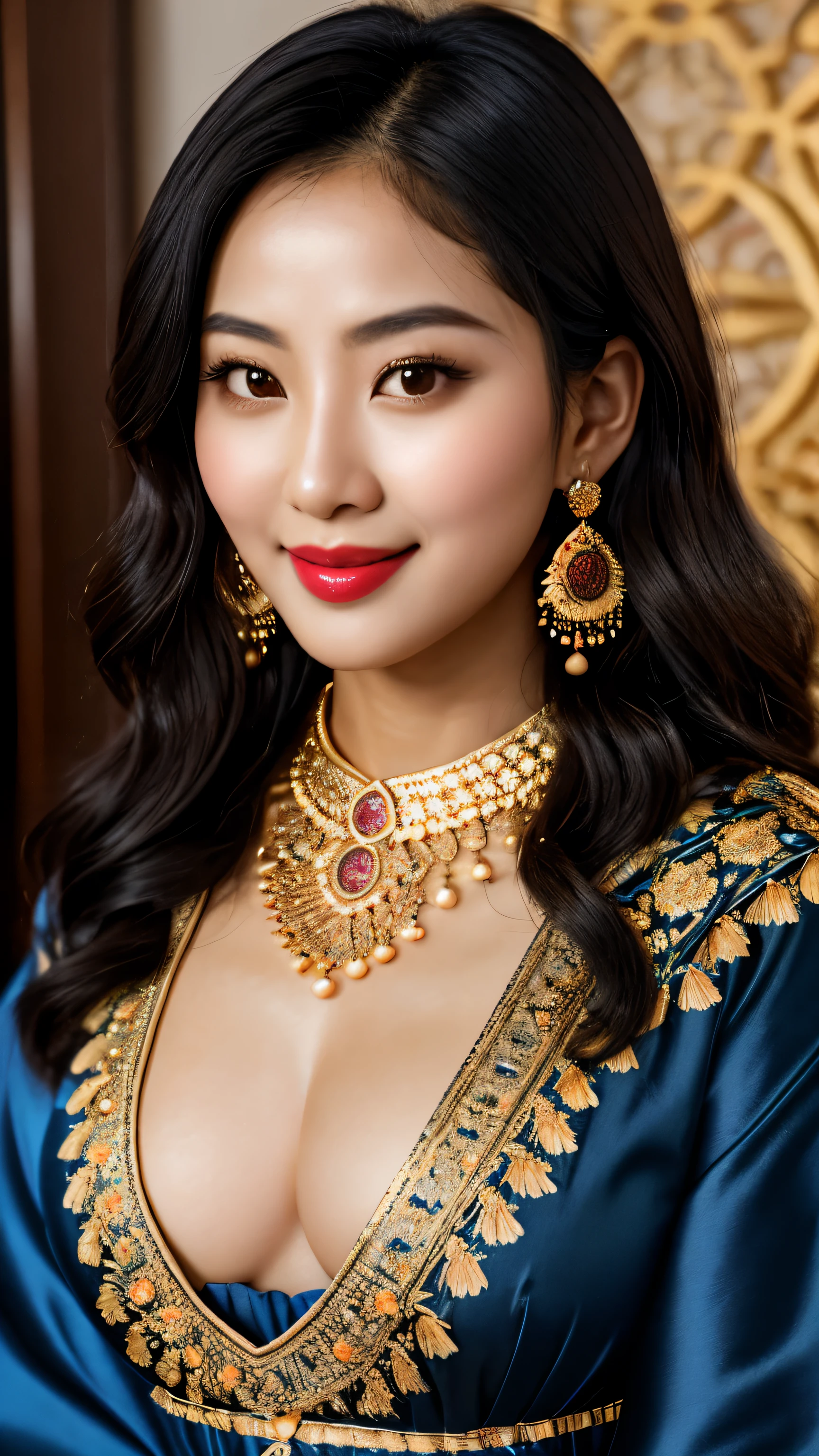 masterpiece, 4k, (Beautiful dark-haired Asian woman: 1.2), portrait, High quality art, High resolution, High resolution, in the center, symmetrical, excellent anatomy, swollen lips, smile, surprised, blush, lipstick, beautiful eyes, smooth skin, beautiful woman, jewelry, Moroccan Caftan, blue fabric with gold embroidery, (focus on upper body: 1.2), style, woman, looking at the viewer, smile,  symmetrical, in the center, close, woman, athletic, fit, tight waist, realistic body proportions, realistic, photo-realistic, 8k, very detailed, LED light, Laser Light, fruit flavored, bright, anatomically correct, symmetrical anatomy, Ulzzang-6500