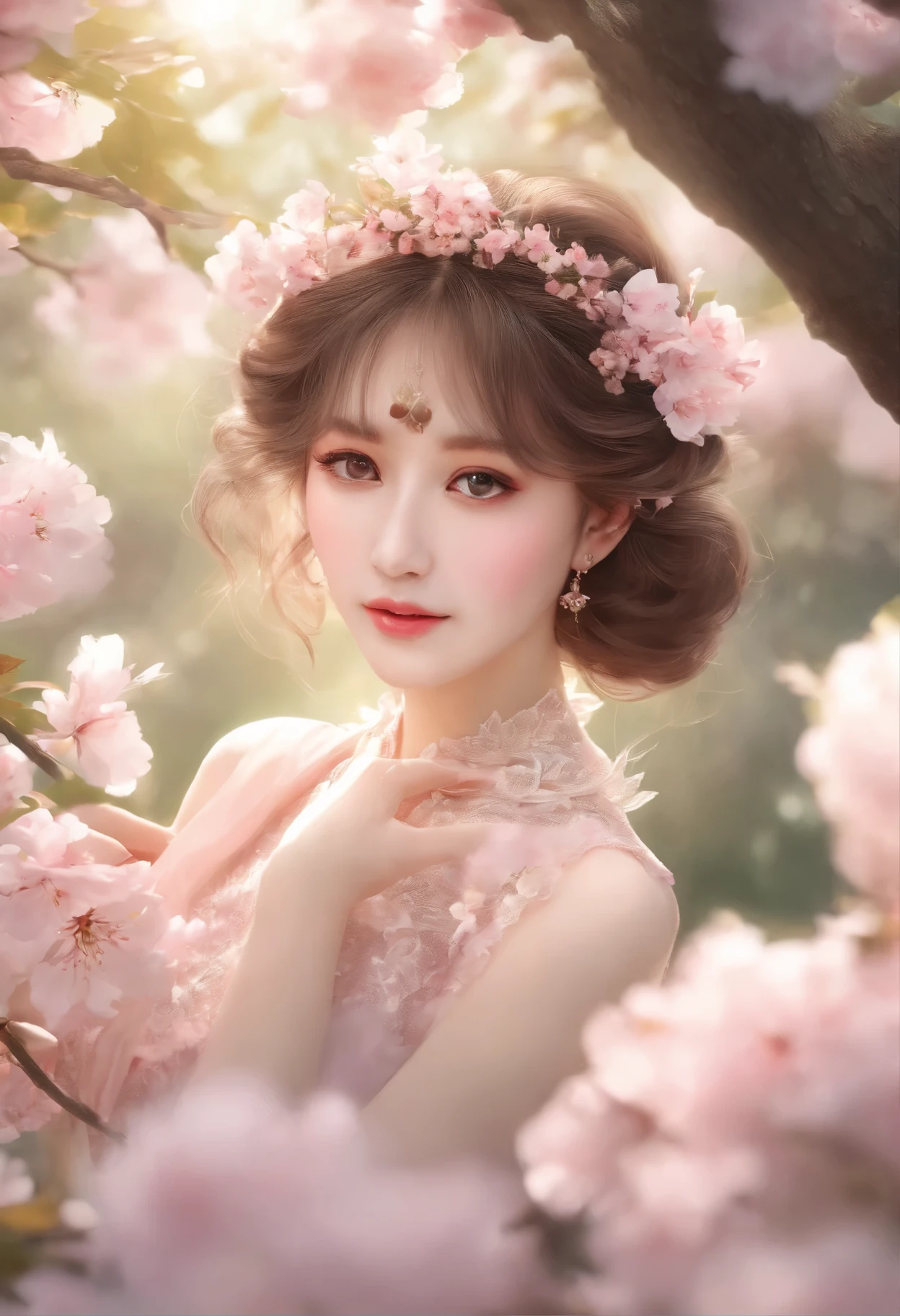 (best quality,4k,8k,highres,masterpiece:1.2),ultra-detailed,(realistic,photorealistic,photo-realistic:1.37),anime,libra,pink,black,beautiful,hair,cute,stunning,gnarled cherry blossom tree,tranquil garden,soft sunlight filtering through leaves,fluttering cherry blossom petals,dainty lace dress,ethereal atmosphere,sparkling eyes,faint blush on cheeks,dark flowing hair,delicate eyeliner,tender smile,determined pose,dynamic background,subtle shading and highlights,vibrant colors,subtle pastel tones,effortless grace,dreamlike,expressive eyes,flowery hair accessories,glowing skin,vivid pink blush,gentle breeze,peaceful gaze