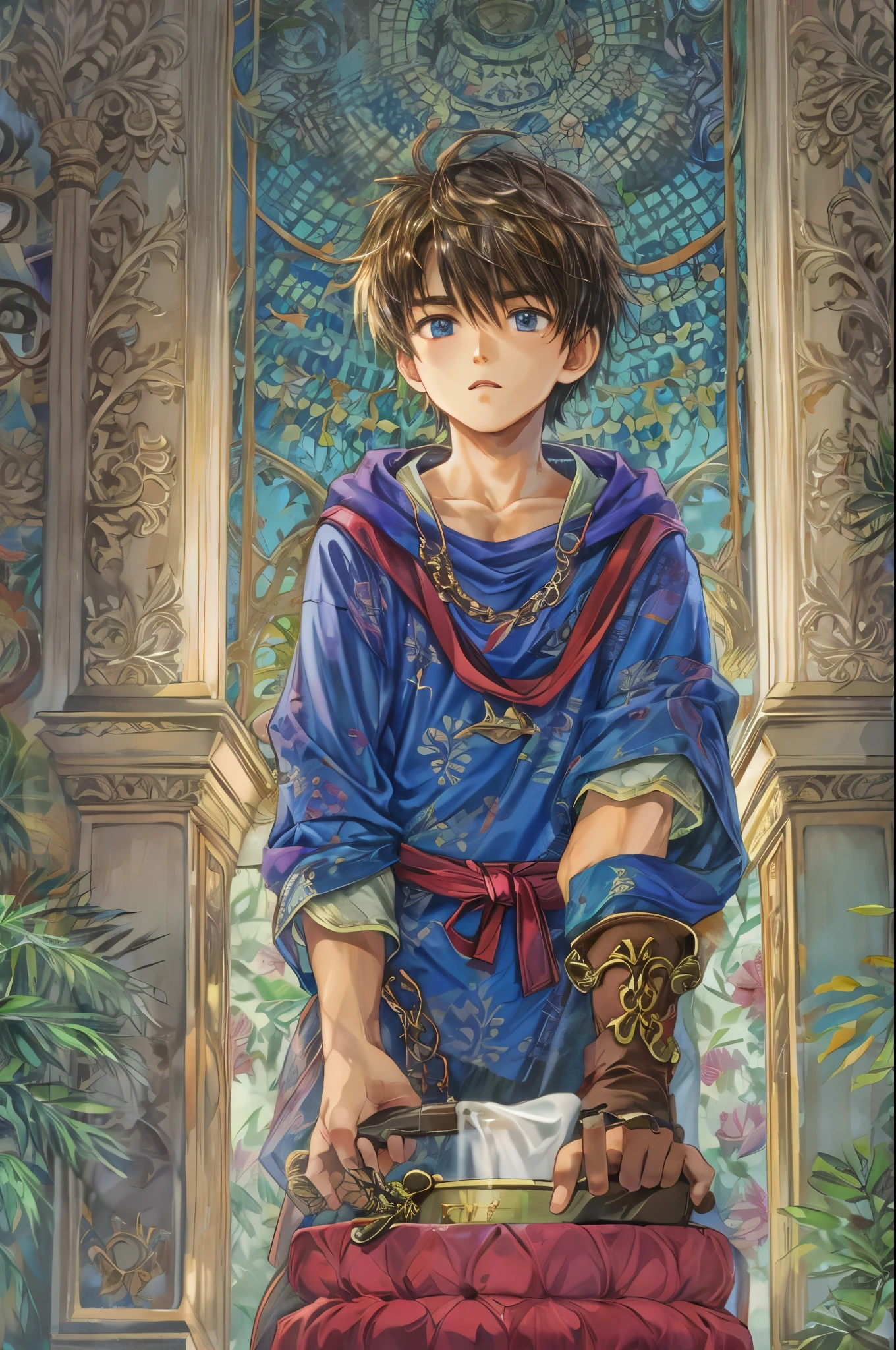 (absurdres, highres, simple detailed, HDR), simple masterpiece, best quality, 1 boy , short hair, handsome face, anime eyes, character from dragon quest, (handsome(from below:1.1)) simple interior, gnostic scenery