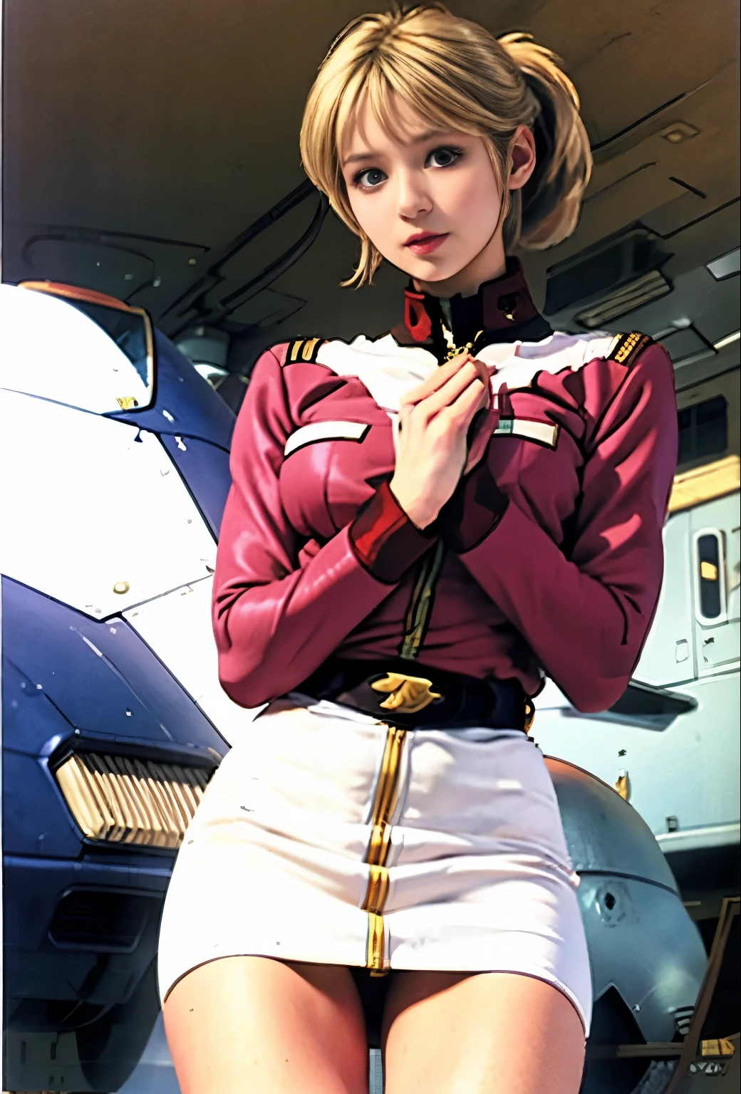 real photos、Highest imYear quality、Beautiful woman、beautiful thighs、beautiful face、real imYear、federal army uniform uper mini skirt、ponytail、Yuriko Yoshitaka、Year日本人女性、Mrs. Bowe、pretty girl、white pantiesが丸見え、16Year、(white panties:1.3)、super mini skirt、beautiful thighs、white panties、赤いミニスカートがめくれてwhite pantiesが見えてる