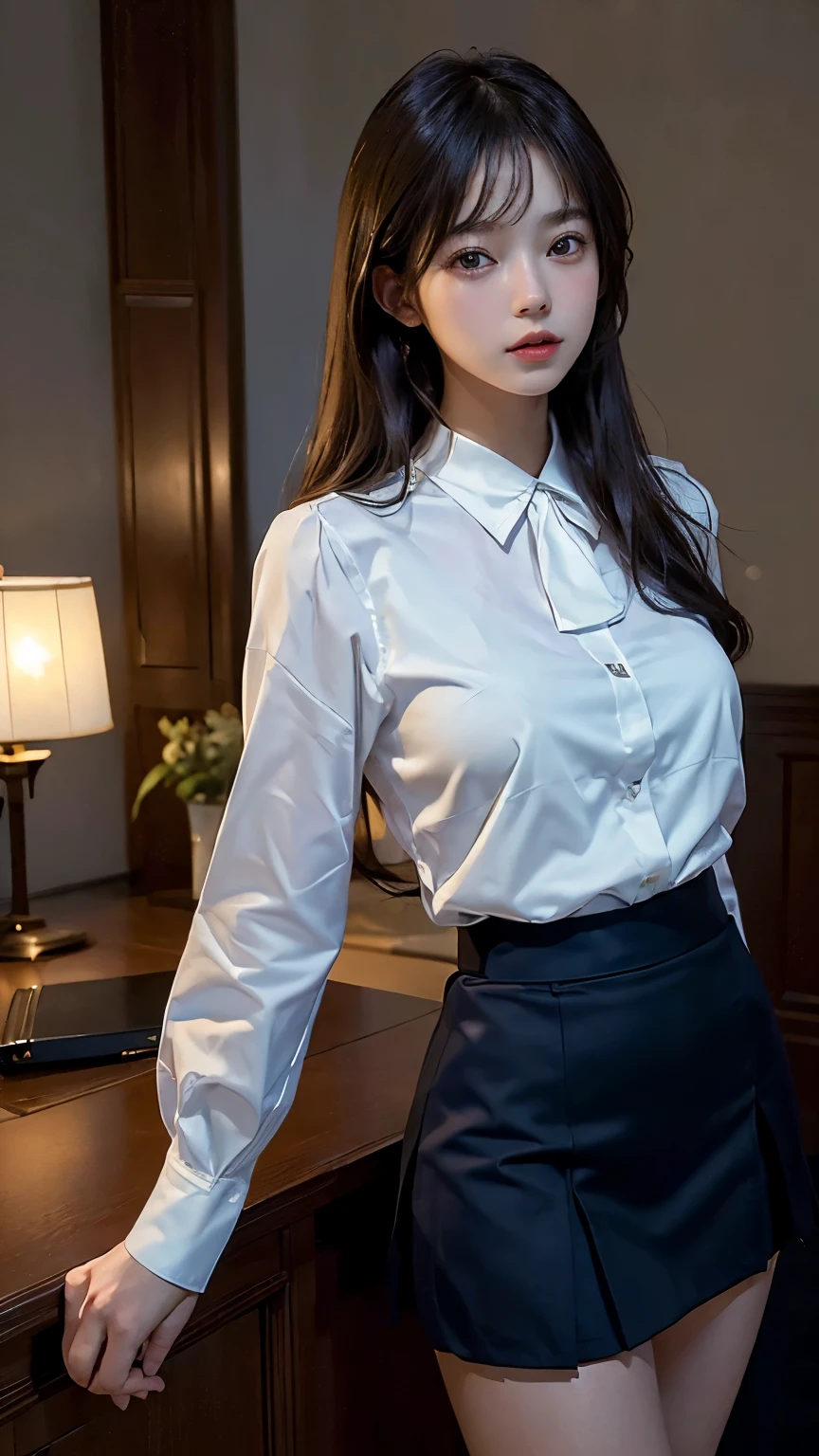 ((masterpiece:1.4, best quality)), ((masterpiece, best quality)), (realistic:1.5) ,(beautiful elegant hotel),((arms behind the back)),Full body,Beautiful girl RAW photo,semi-long hair, Japanese high school girl, very cute, slim,((white office blouse, dark blue skirt)),working at desk,day,cinematic lighting and pause,