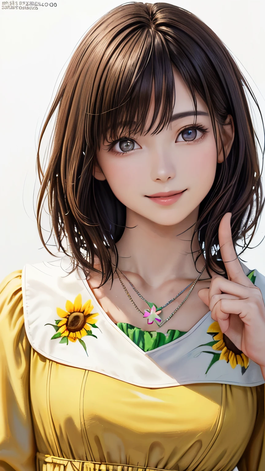 (highest quality、8k、32K、masterpiece)、(realistic)、(Photoreal:1.2)、(High resolution)、Super detailed、very beautiful face and eyes、1 girl、round and small face、thin waist、delicate body、(close、highest quality、high detail、rich skin details)、(highest quality、8k、oil paint:1.2)、Super detailed、(realistic、realistic:1.37)、bright colors、(((brown hair)))、(((bust shot)))、(((medium hair)))、(((pure white wall background)))、(((Pure white wall background)))、(((I'm wearing a yellow dress)))、(((A dress with a sunflower pattern)))、(((I&#39;m smiling)))、(((touching my lips with my finger)))、(((look straight ahead)))、(((wearing a clover necklace)))、(((I have brown hair)))、