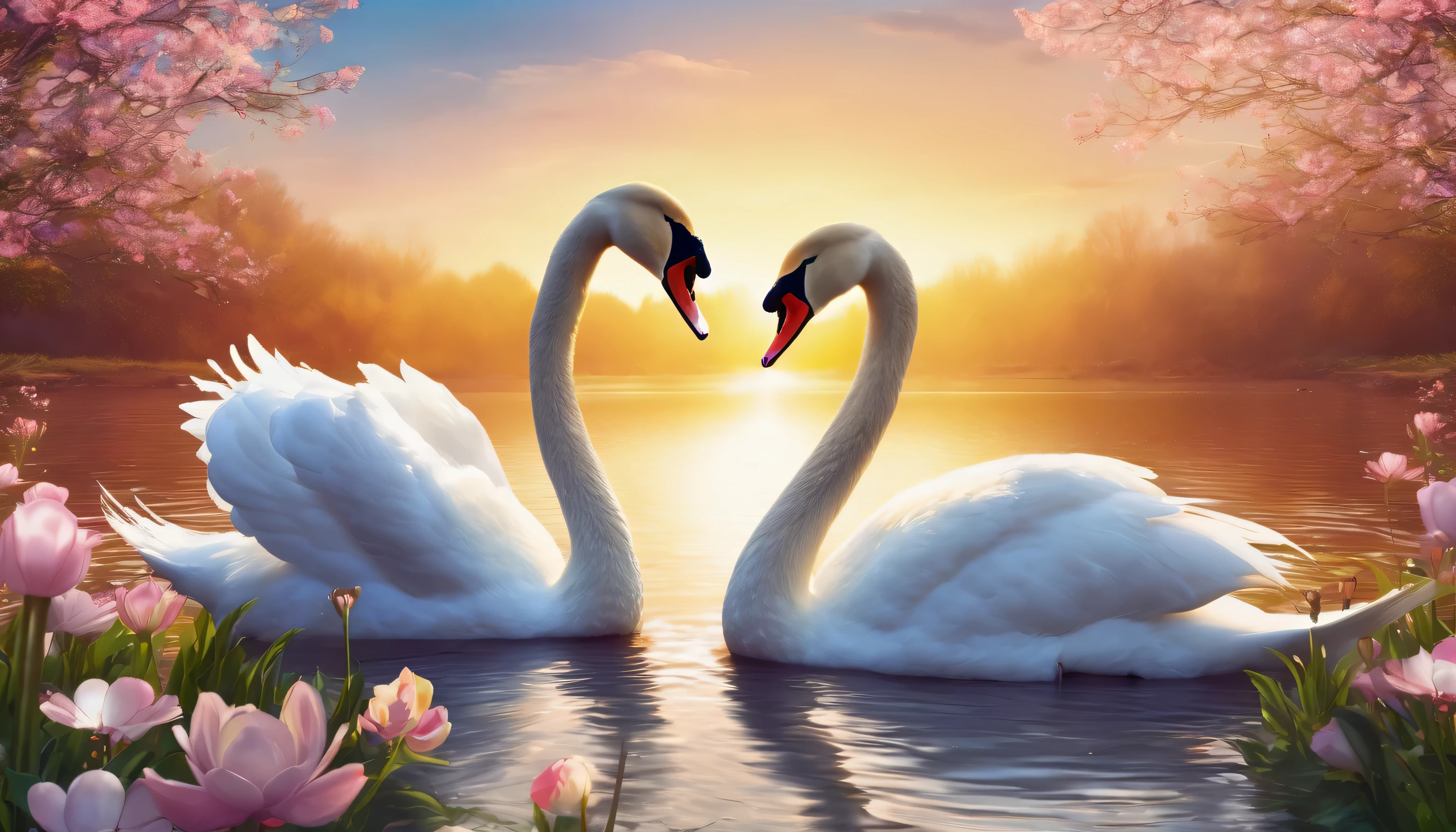 (a couple of swans making a heart shape,beautiful swan,stylized swan,romantic scene,heart shape,morning daylight,(best quality,4k,8k,highres,masterpiece:1.2),spring scenery,blossoming flowers,vibrant colors,serene atmosphere)