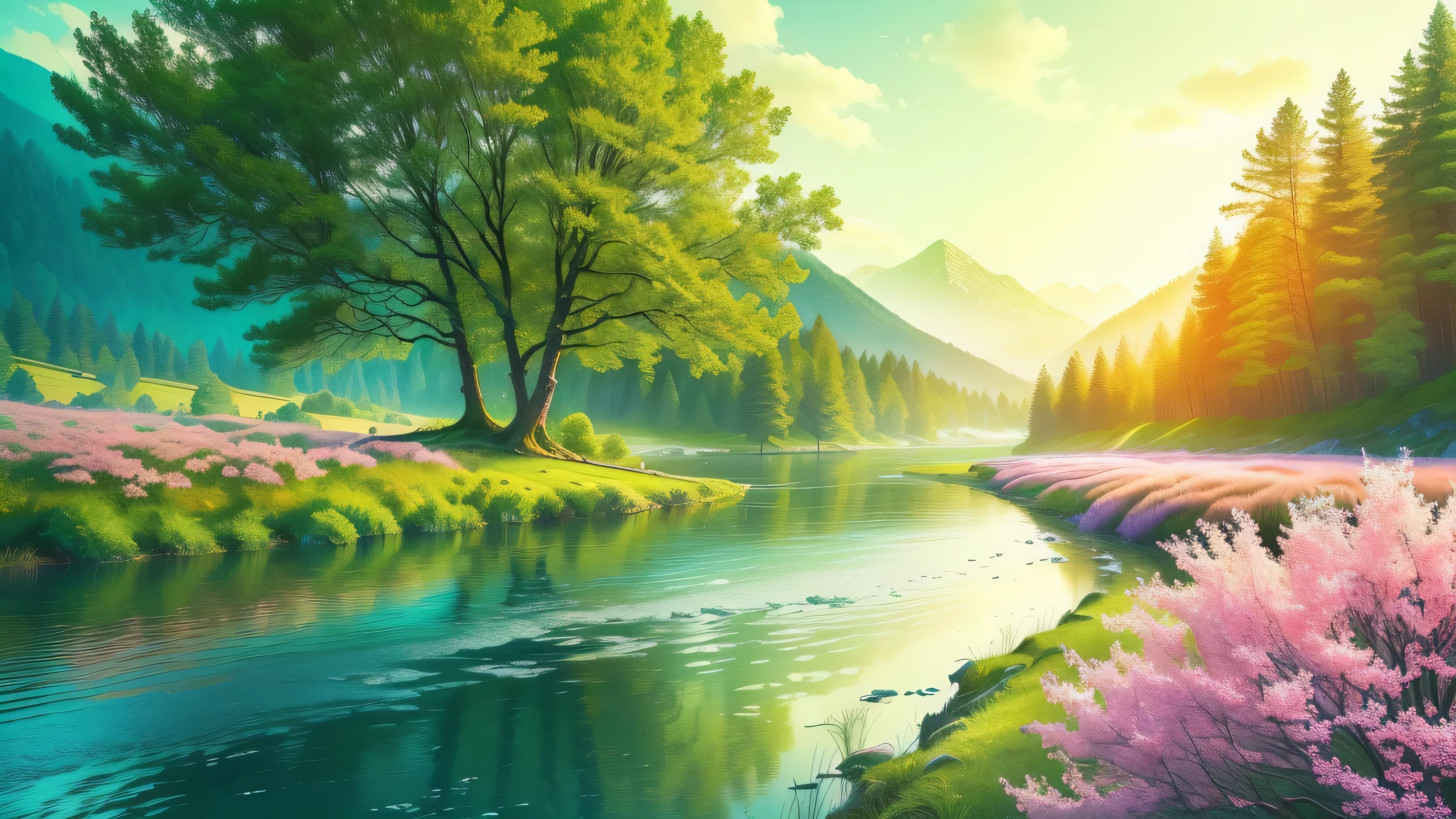 a beautiful landscape with a river and trees in the middle, nature scenery, peaceful landscape, nature wallpaper, nature landscape, stunning nature in background, majestic nature scenery, scenery wallpaper, beatiful backgrounds, very beautiful scenery, landscape scenery, beautiful landscape, serene landscape, a beautiful landscape, landscape - scenery, landscape wallpaper, beautiful wallpaper, amazing wallpaper, natural landscape