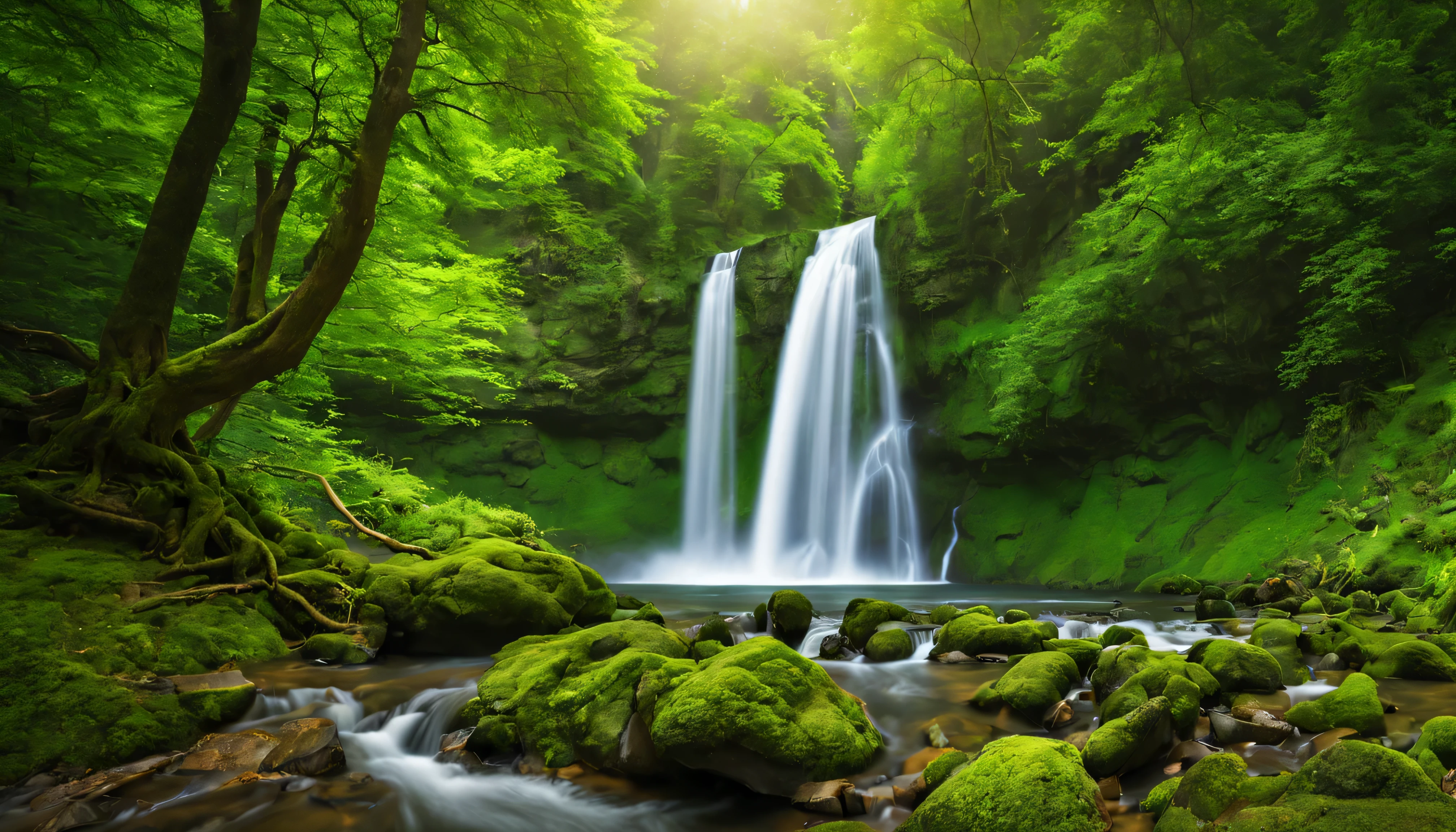 photo of a beautiful waterfall in the middle of a green forest, beautiful waterfall, majestic waterfall, waterfall and stream, green forest, green trees around