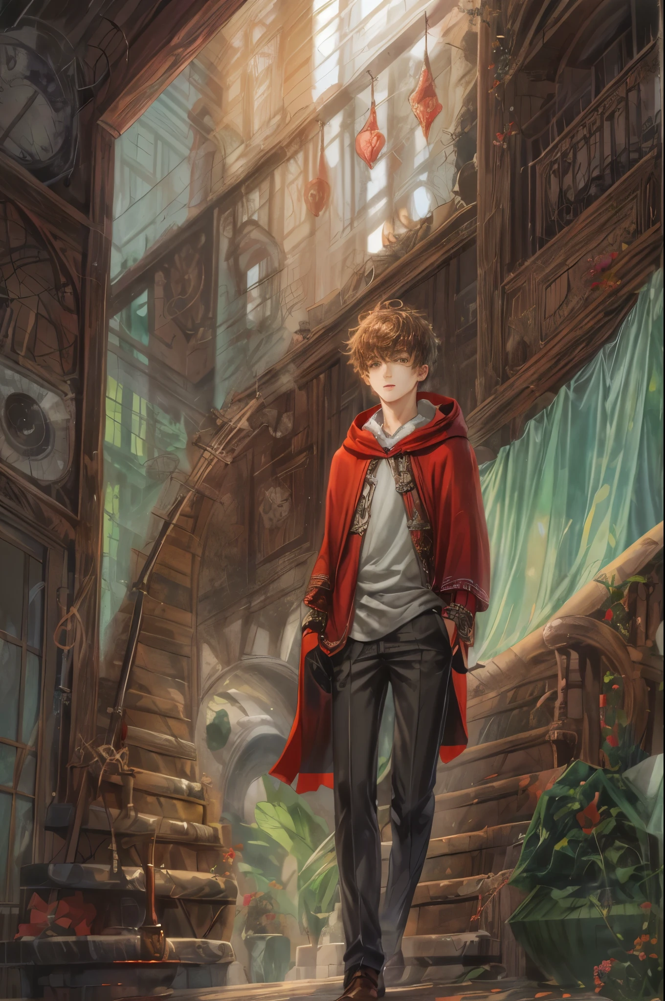 (absurdres, highres, simple detailed, HDR), simple masterpiece, best quality, 1 boy , short hair, handsome face, anime eyes, character from the little red riding hood,male version ,(handsome(from below:1.1)) simple interior, gnostic scenery 