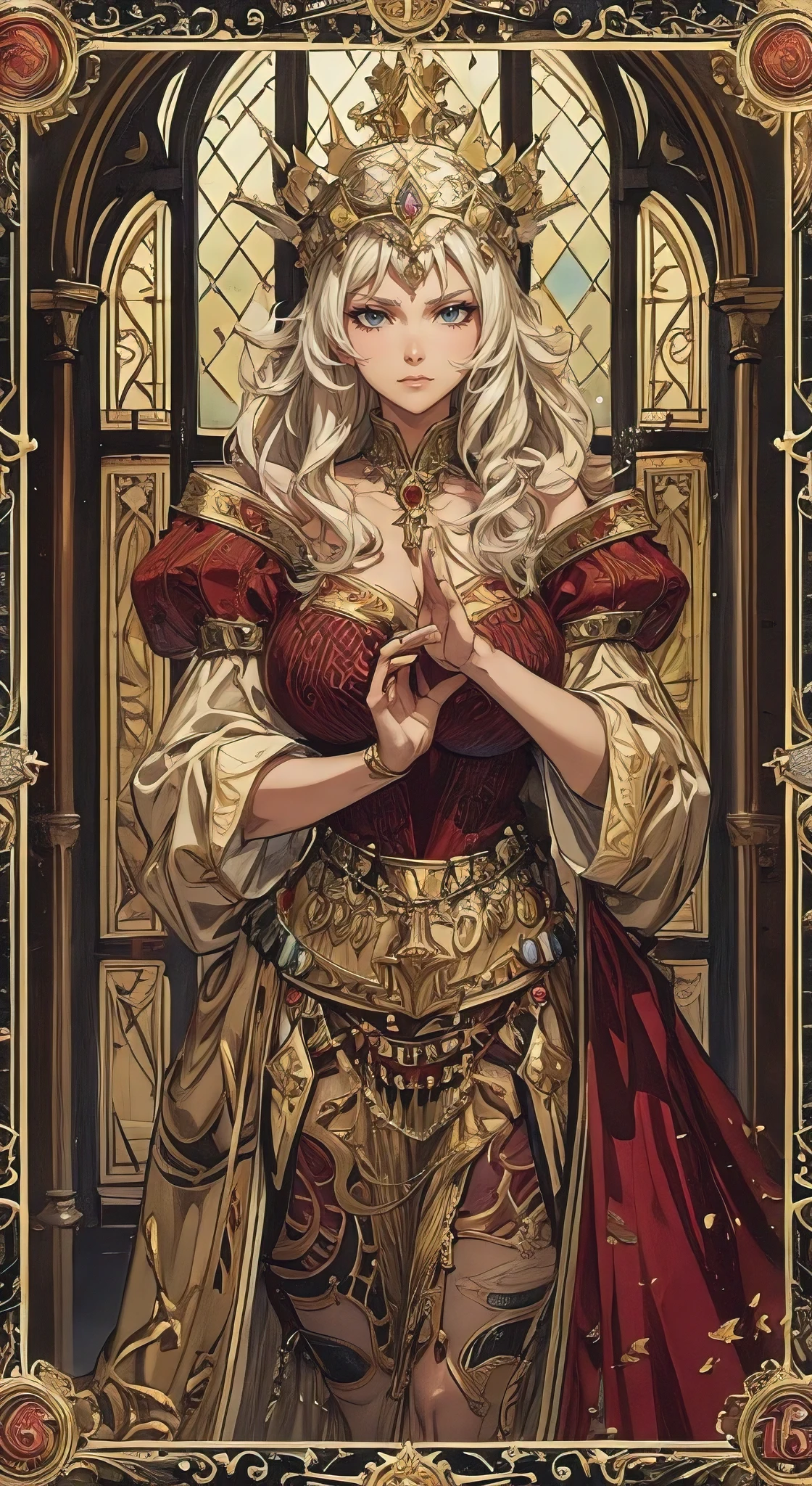 (best quality, masterpiece:1.2), perfect body, huge breasts, attractive woman, Tarot card number 3, Empress, medieval style, anime character style, realistic rendering, elaborate details