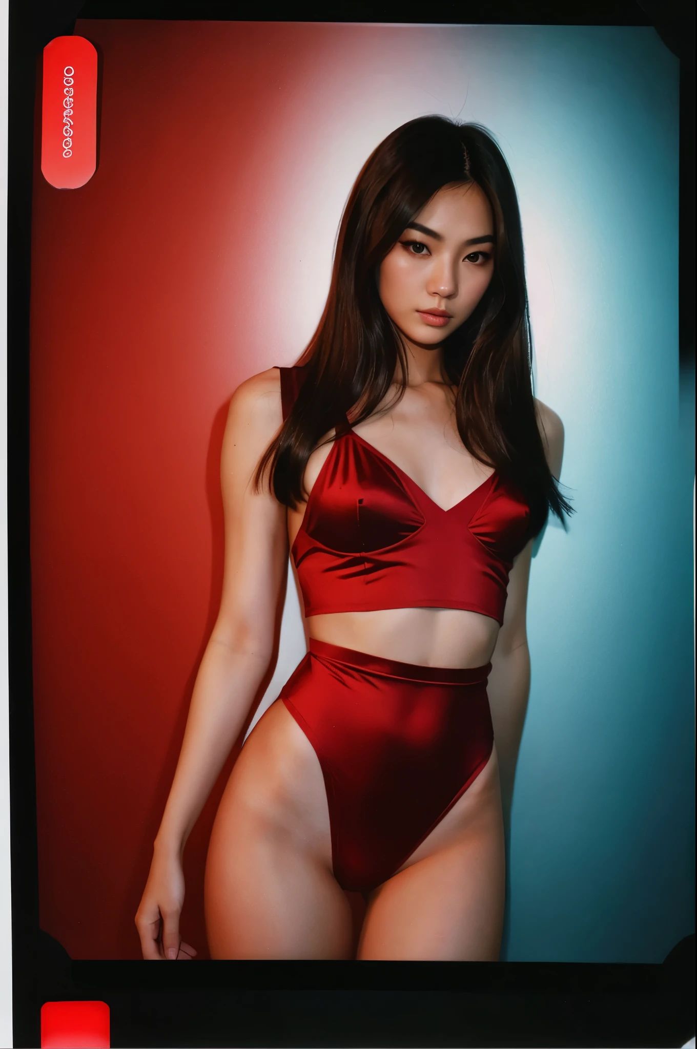 arafed instagram supermodel, asian features, mid-length brunette hair, pale skin, perfect face, looking hot, victoria secret body, janet, harsh polaroid flash, vintage quality, in the night, dark background, one girl, vogue, red silk