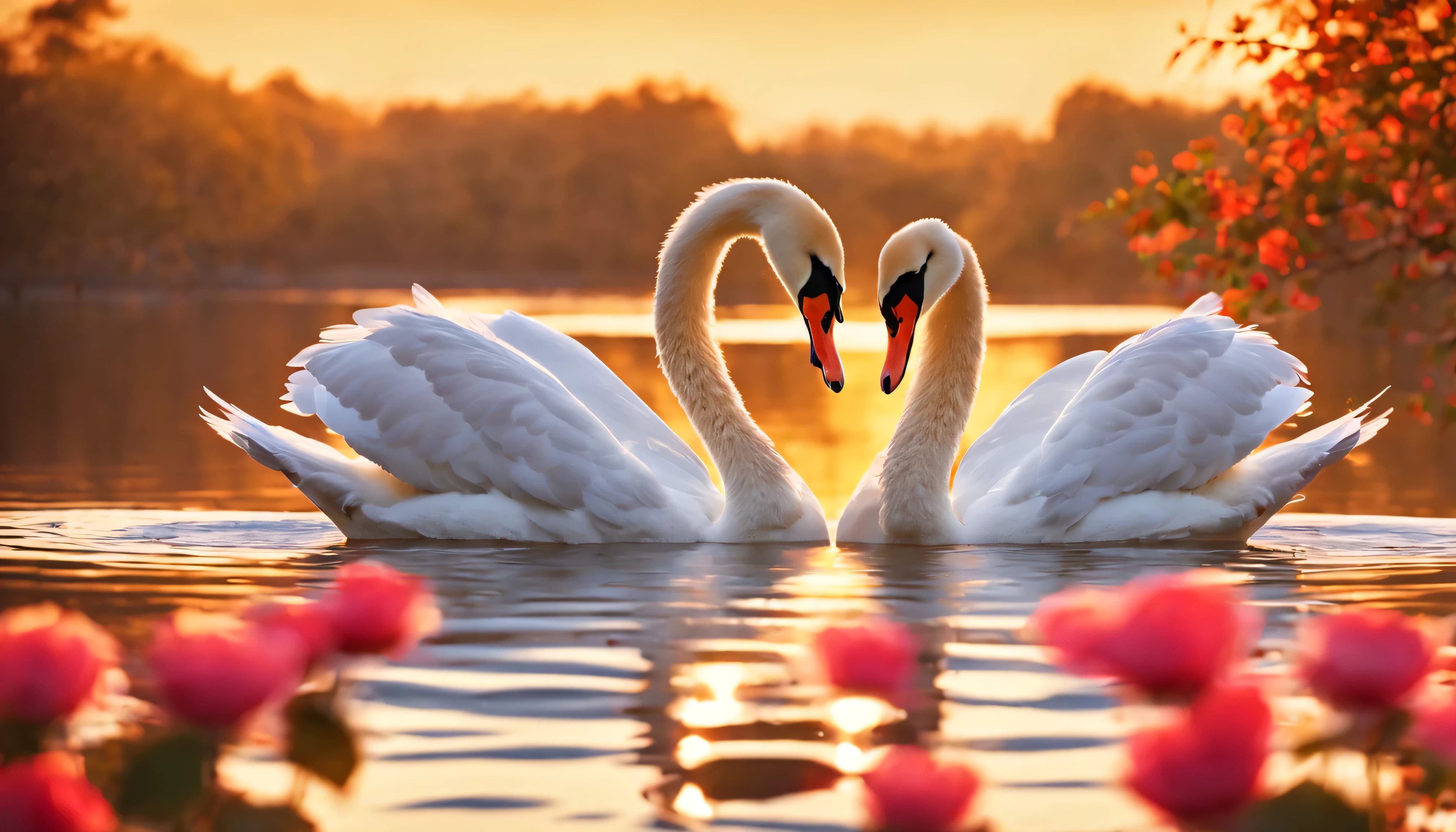 a couple of swans making a heart shape,beautiful swan,stylized swan,romantic scene,heart shape,morning daylight,(best quality,4k,8k,highres,masterpiece:1.2),romantic scenery,blossoming rose flowers,vibrant colors,serene atmosphere)