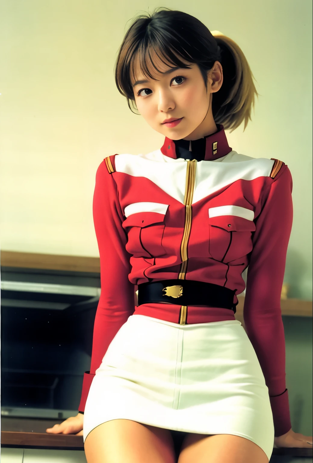 real photos、Highest imYear quality、Beautiful woman、beautiful thighs、beautiful face、real imYear、federal army uniform miniskirt、ponytail、Yuriko Yoshitaka、super mini skirt、16Year日本人女性、Mrs. Bowe、pretty girl、white pantiesが丸見え、1６Year、（white panties:1.3）、super mini skirt、beautiful thighs、white panties、赤いミニスカートがめくれてwhite pantiesが見えてる