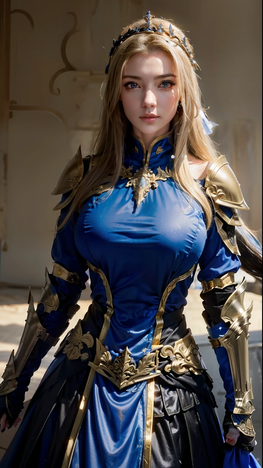 ((Best quality)), ((masterpiece)), (highly detailed:1.3),a woman wearing black armor, long hair. Holding a sword, armor damaged war scene, super cute face, super slim body, super slim, small waist, super perfect huge breast, perfect huge round breast, smooth skin, silky hair, blue eye, , red robe, hijab, golden pattern armor, , blonde, fighting style