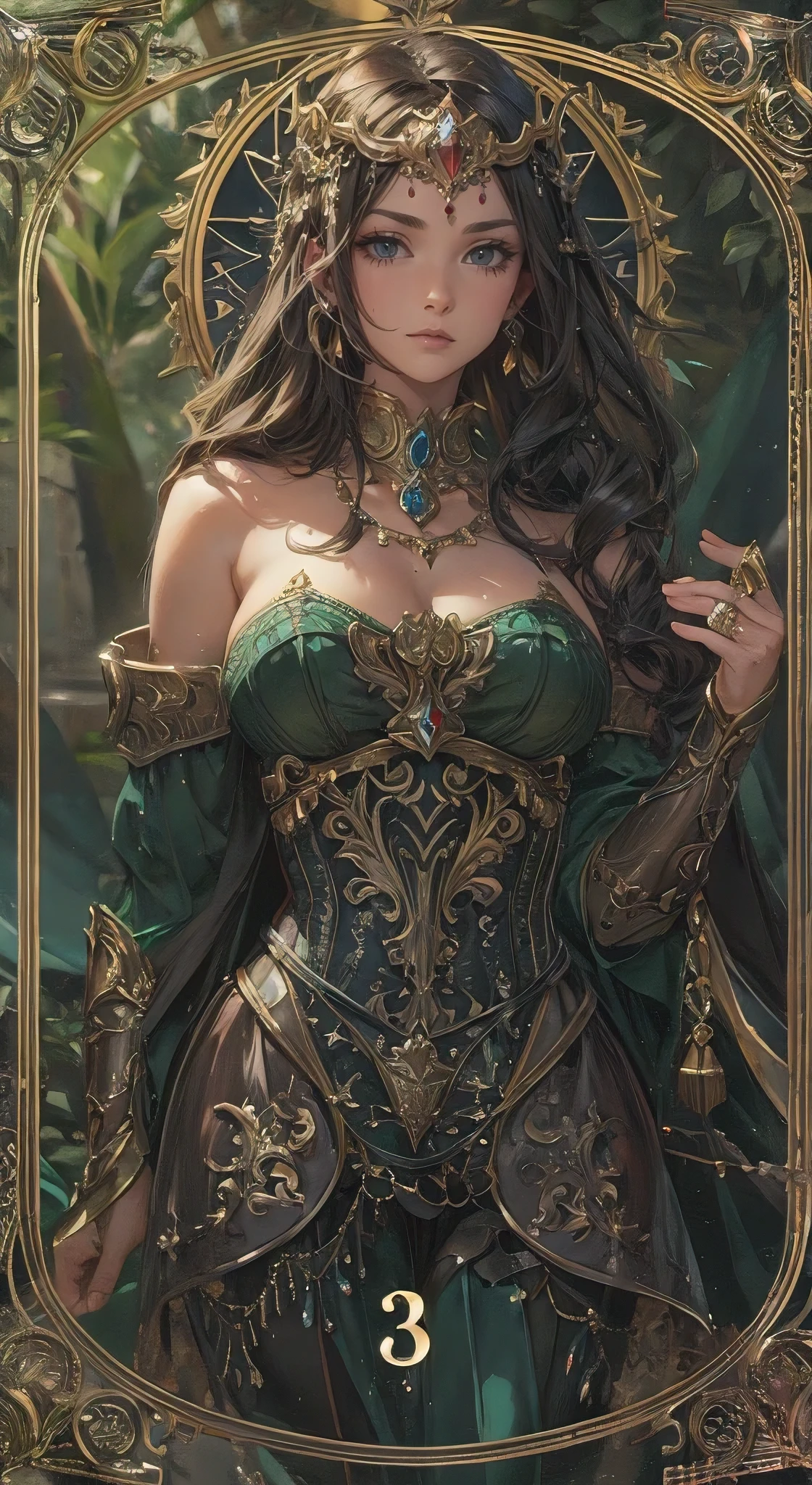 (best quality, masterpiece:1.2), perfect body, huge breasts, attractive woman, Tarot card number 3, Empress, medieval style, anime character style, realistic rendering, elaborate details