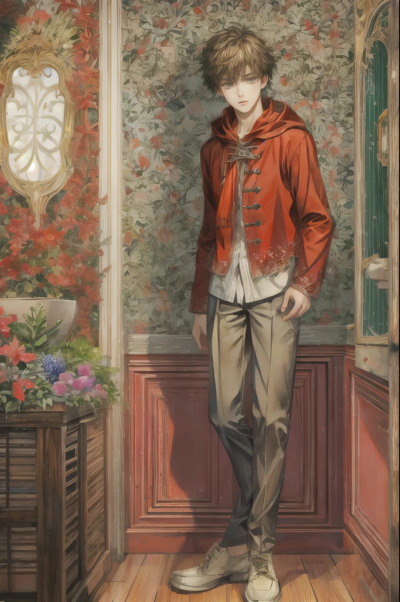 (absurdres, highres, simple detailed, HDR), simple masterpiece, best quality, 1 boy , short hair, handsome face, anime eyes, character from the little red riding hood,male version, simple interior, gnostic scenery
