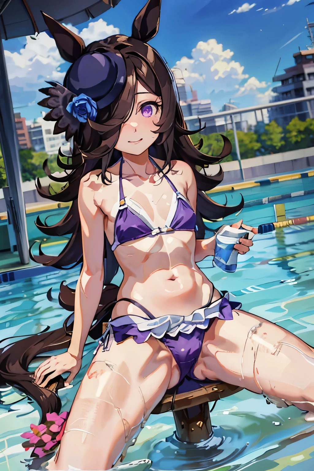 rice shower\(umamusume\)),(masterpiece),shape,brown hair,long hair,purple eyes,flowing bangs,long bangs,long hair,small breasts,hair covers right eye, smile,looking at the viewer,((highly detailed eyes)), (((bikini))), masterpiece, highest quality, (abnormal body, small breasts, horse tail,smile, pool, whole body, frontage, hot pants,spread legs, legs up