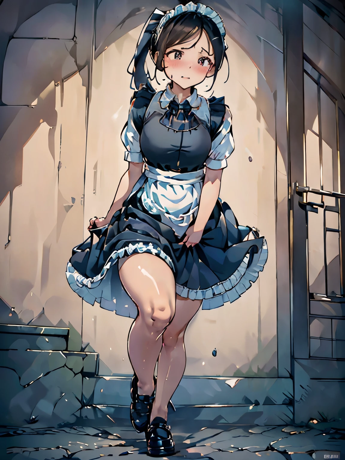 (ultra-detailed, best quality, detailed face, anatomically perfect body), (parted lips), shiny skin, (1 girl), (have to pee, very desperate to pee, have to pee:1.2), mansion, (maid dress:1.3), (maxi skirt:1.6), (tights, footwear, low ponytail:1.3), (have to pee:1.6), (just before the bladder limit:1.1), (knees together and feet apart:1.4), (Rub each other's thighs:1.2), (hand between legs:1.3), (leaning forward:1.2), (holding crotch:1.8), (girl can't stand up straight), (constricted pupils:1.4), (erotic twist of the body:1.6), (sad:1.5), (blush:1.7), (embarrassment:1.4), flowing sweat, (fear:1.1), (breathless:1.5), (squint eyes:1.4), (looking up:1.7), (full body:1.4), (top of stairs, from below:1.6), (from side)