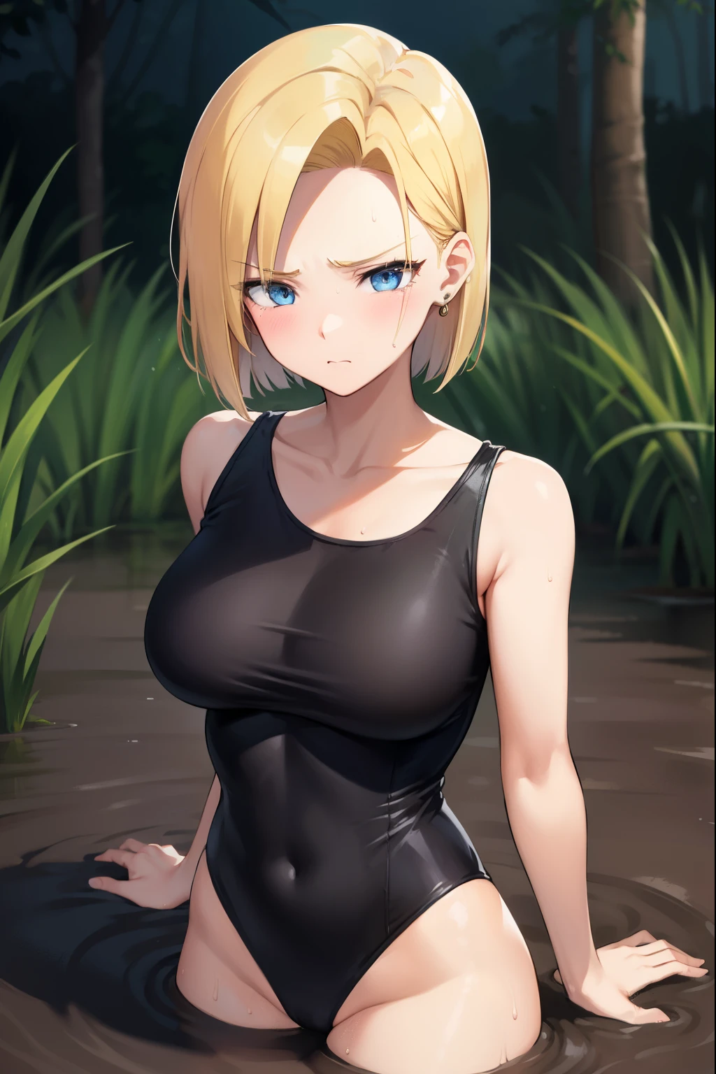 highest quality, High resolution, whole body,AND18, 1 girl, android 18, alone, golden hair, blue eyes, short hair,earrings,big breasts, frown,crying face,blush,panic,Sweat,1 girl, black leotard, black high leg cut,( drown in the swamp:1.2),restrained, Please raise your hand, Are standing,