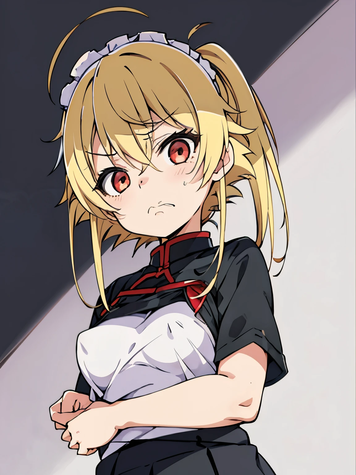 blonde、maid、I&#39;m short、big breasts、saggy breasts、young 、、priowning and crossing arms、front illustration、upper body only、He has a frying pan in his right hand、shortcut、maid服、red eyes、red eyes、have double teeth、maidカチューシャ、background is white