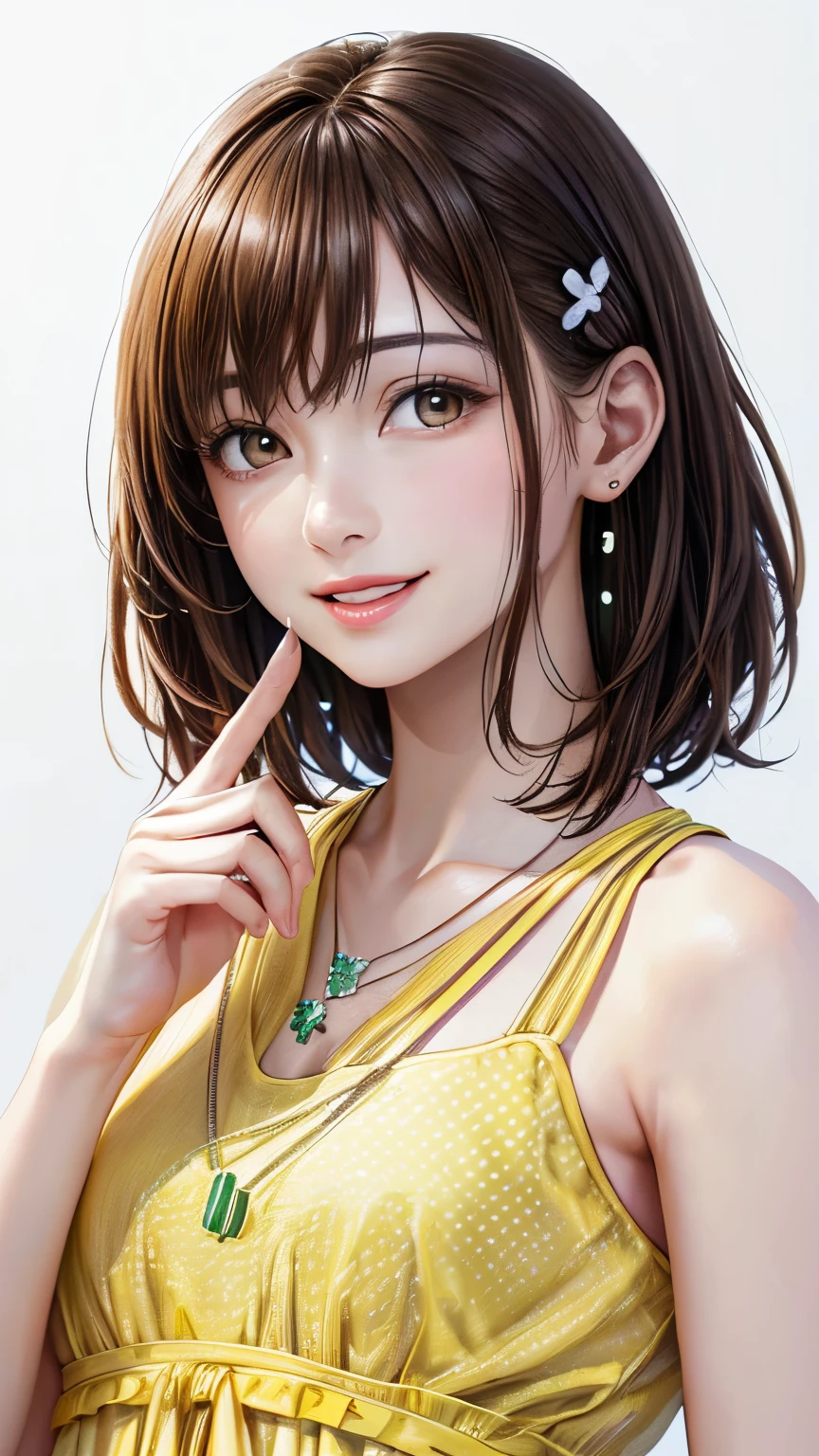 (highest quality、8K、32k、masterpiece)、(realistic)、(Photoreal:1.2)、(High resolution)、Super detailed、very beautiful face and eyes、1 girl、round and small face、thin waist、delicate body、(highest quality、high detail、Rich skin details)、(highest quality、8K、oil paint:1.2)、Super detailed、(realistic、realistic:1.37)、bright colors、(((flaxen hair)))、(((medium hair)))、(((full body shot)))、(((pure white wall background)))、(((pure white wall background)))、(((I'm smiling)))、(((wearing a brown T-shirt)))、(((He looks like he's having fun)))、(((Teeth are visible)))、(((wearing a heart necklace)))、(((I'm touching my head)))、(((Botanical pattern T-shirt)))、brown clothes