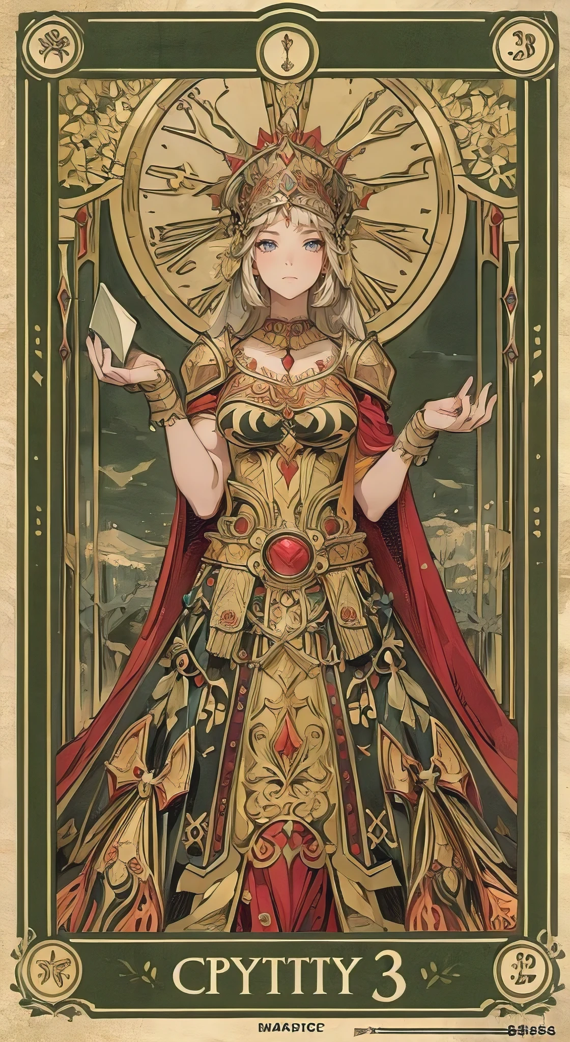(best quality, masterpiece:1.2), perfect body, huge breasts, attractive woman, Tarot card number 3, Empress, medieval style, anime character style, realistic rendering, elaborate details