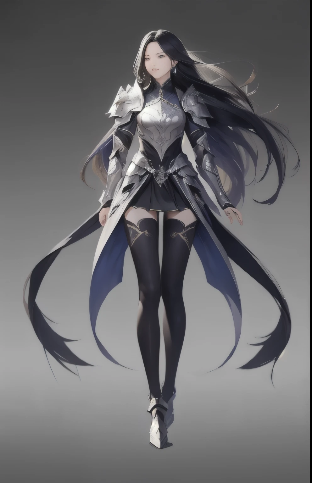 Concept art character standing painting, 1 girl, 蓝色long hair, alone, armor, earrings, jewelry, whole body,gray background,, long sword, skirt,long hair, asymmetrical tights, armor, floating