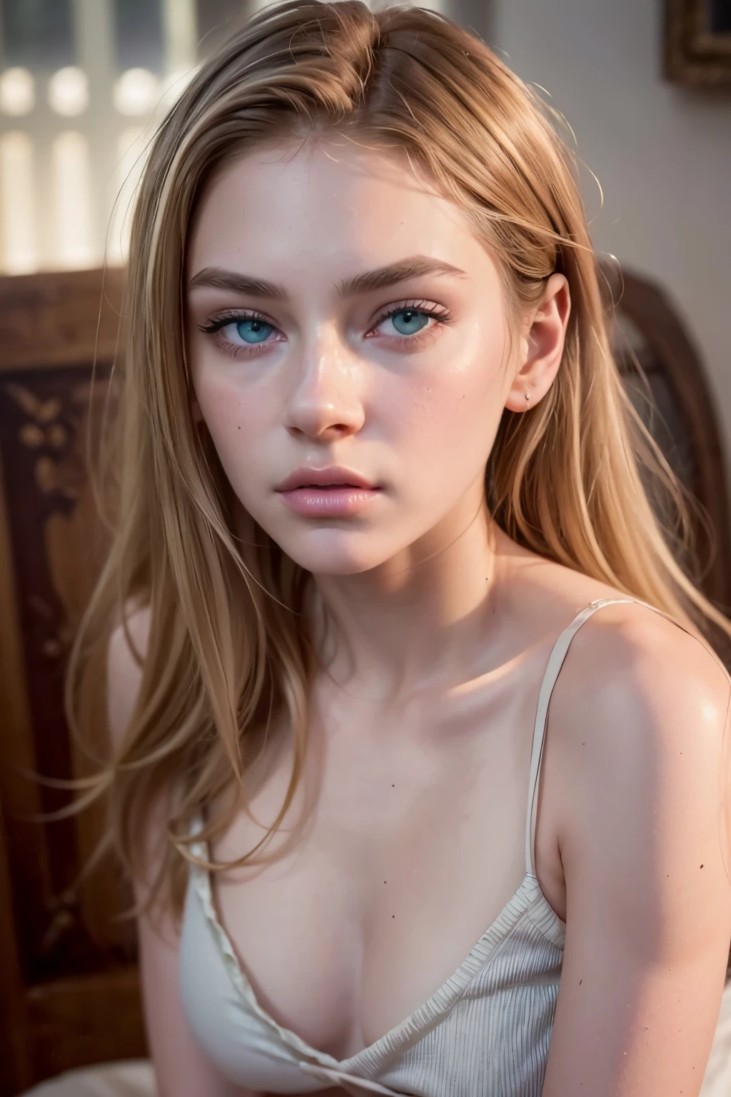 hyperrealistic, 17-year-old girl, Russian, blonde, green-grey eyes, transparente white skin, freckles on the cheeks, small lips, round nose, thin face. realistic, long legs, sexy photo, a tiny bra, bare shoulders, sexy photo, (sit posing), bed