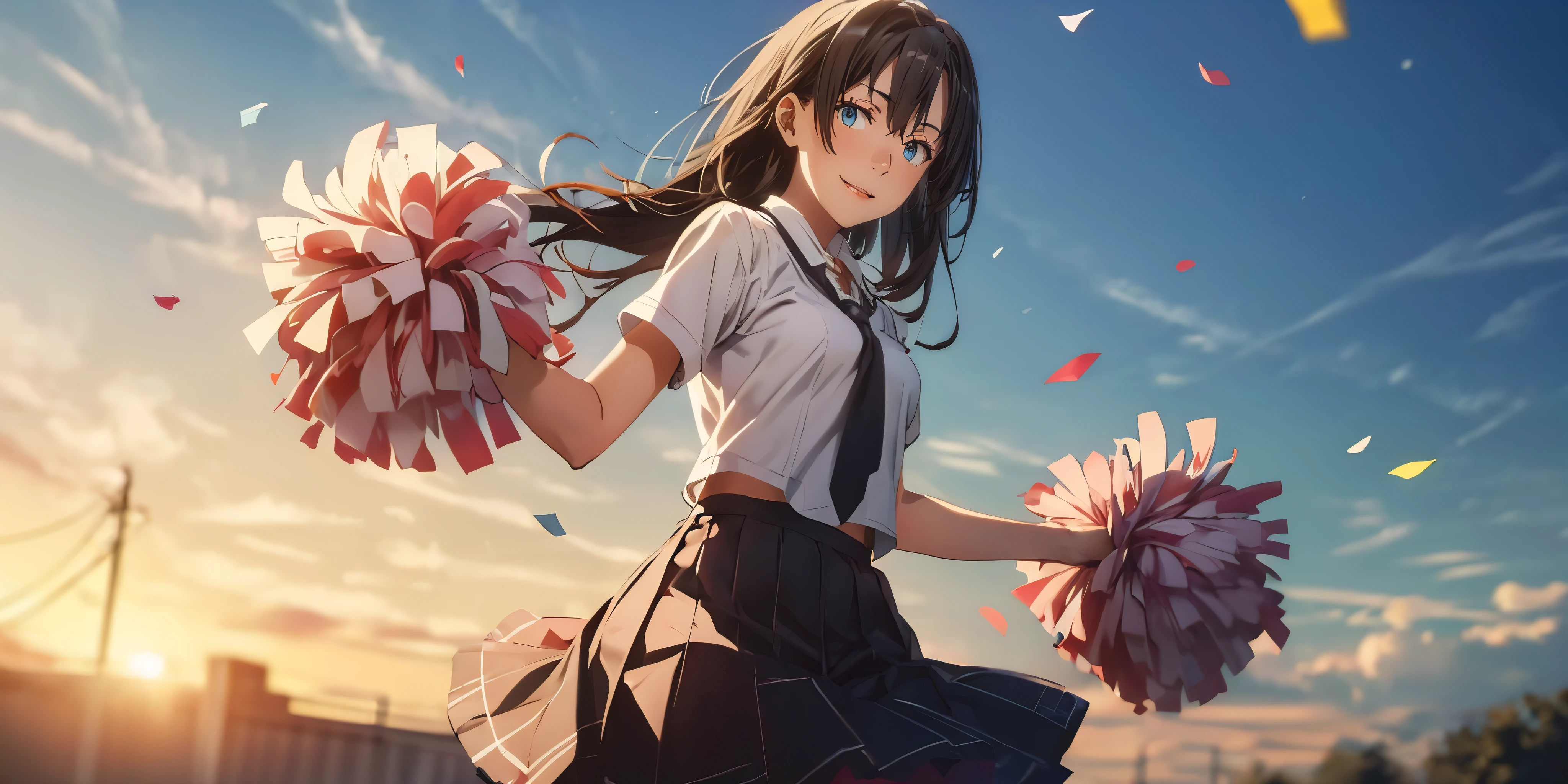 black hair, long hair, sensei, blue eyes, 1girl, cheerleader, cowboy shot, pom pom \(cheerleading\), :d, pink clothing, masterpiece,best quality,highres,ultra-detailed,aashizue, outdoors, blue sky, confetti, pleated skirt, (shaded face:1.2), hollow eyes, slit pupils, blue eyes, looking at viewer, seductive smile, glowing eyes,"Photorealistic, Hyperrealistic, Hyperdetailed, analog style, soft lighting, subsurface scattering, realistic, heavy shadow, masterpiece, best quality, ultra realistic, 8k, golden ratio, Intricate, High Detail, film photography, soft focus"