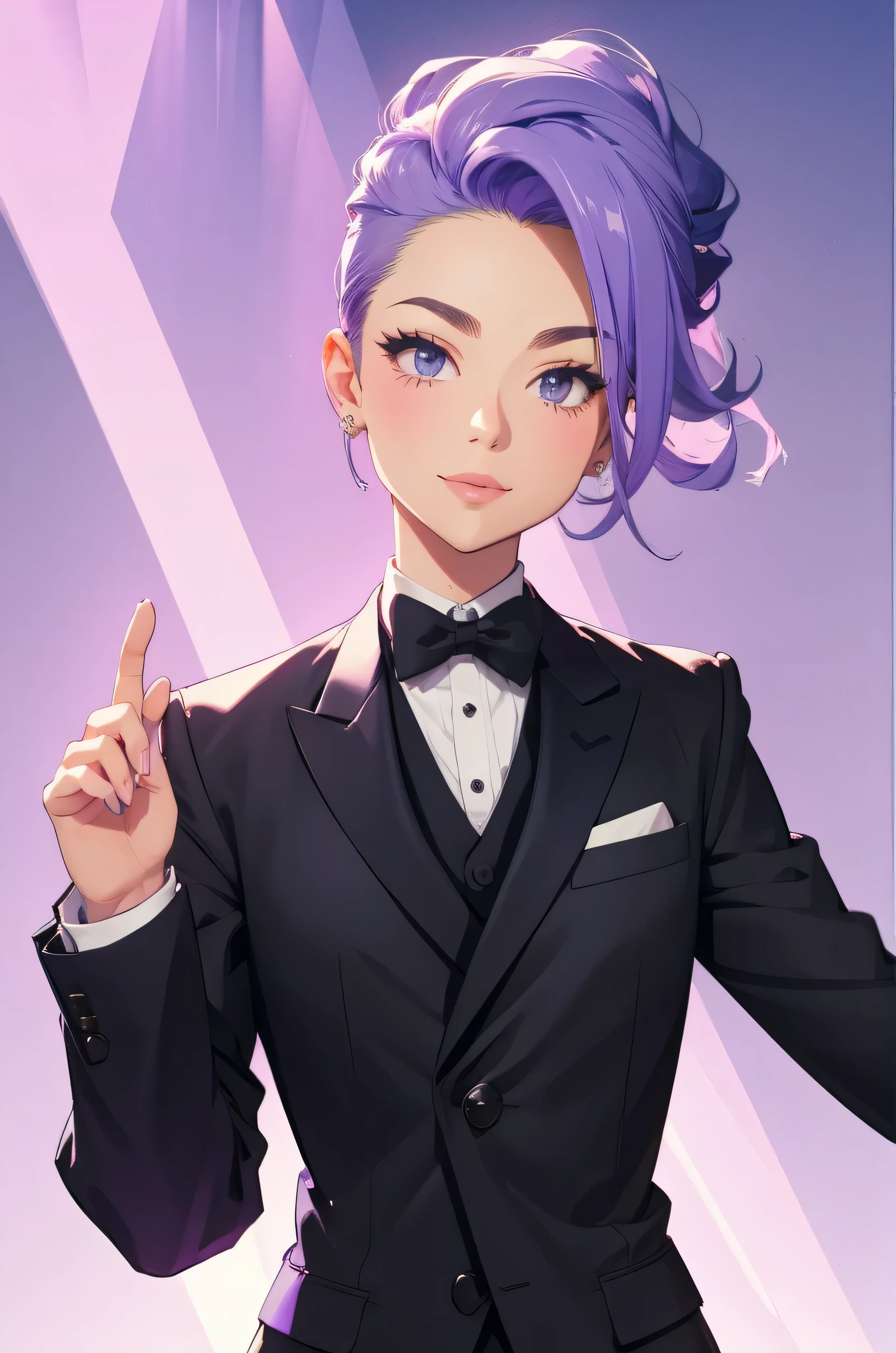 formal outfit, sexy , quiff hair, medium lavender color hair