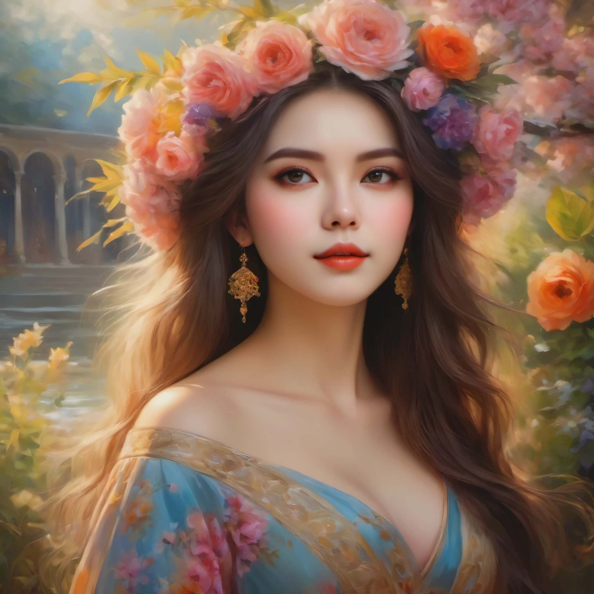 (masterpiece, best quality:1.2), 1girl, solo, beautiful detailed eyes, beautiful detailed lips, extremely detailed face, long eyelashes, oil painting, vibrant colors, bokeh, sunlit garden, flowing dress, peaceful expression, delicate flowers, soft natural lighting, dreamlike atmosphere