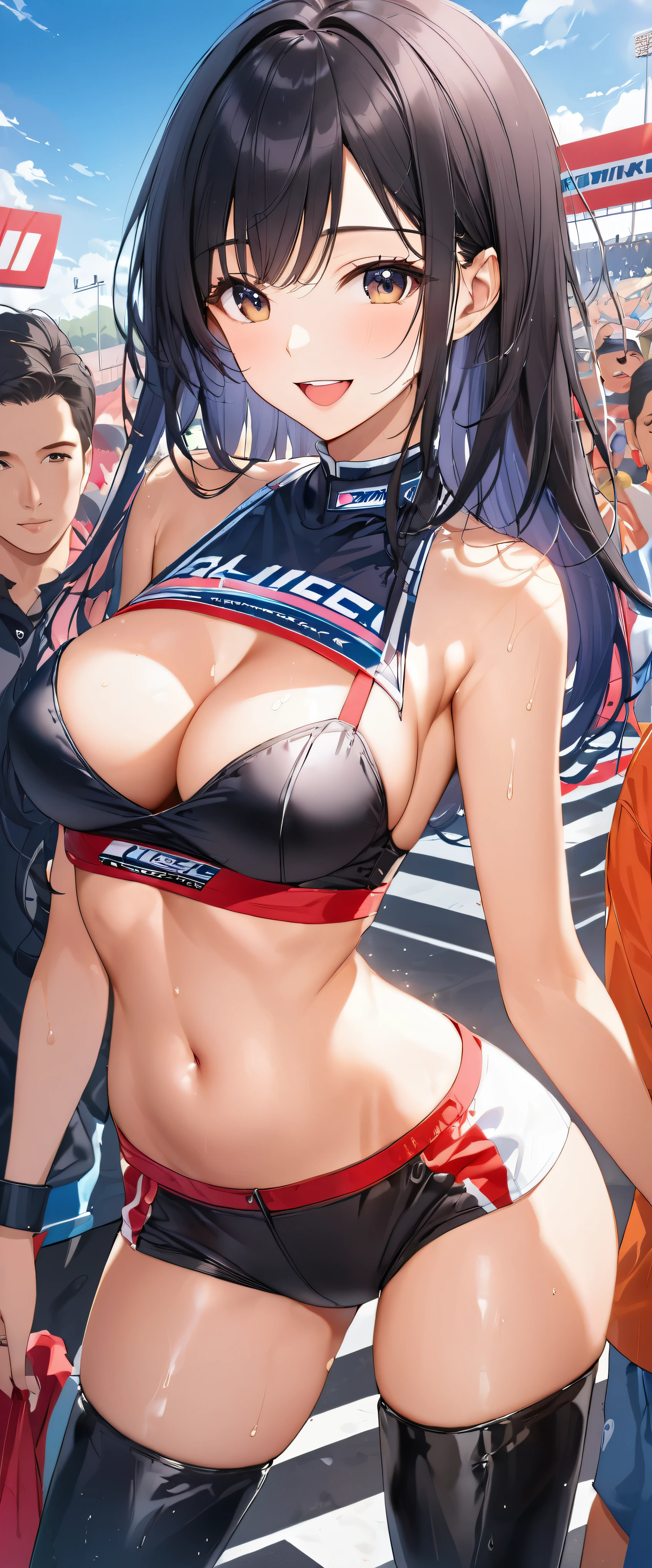 1 female,black hair,25 years old,(((lace queen'navel uniform)))(((blush、open mouth smile)),(((straight hair))),(((portrait))),crowd,,(wet with sweat)(leather thigh high boots)(((beautiful breasts)))