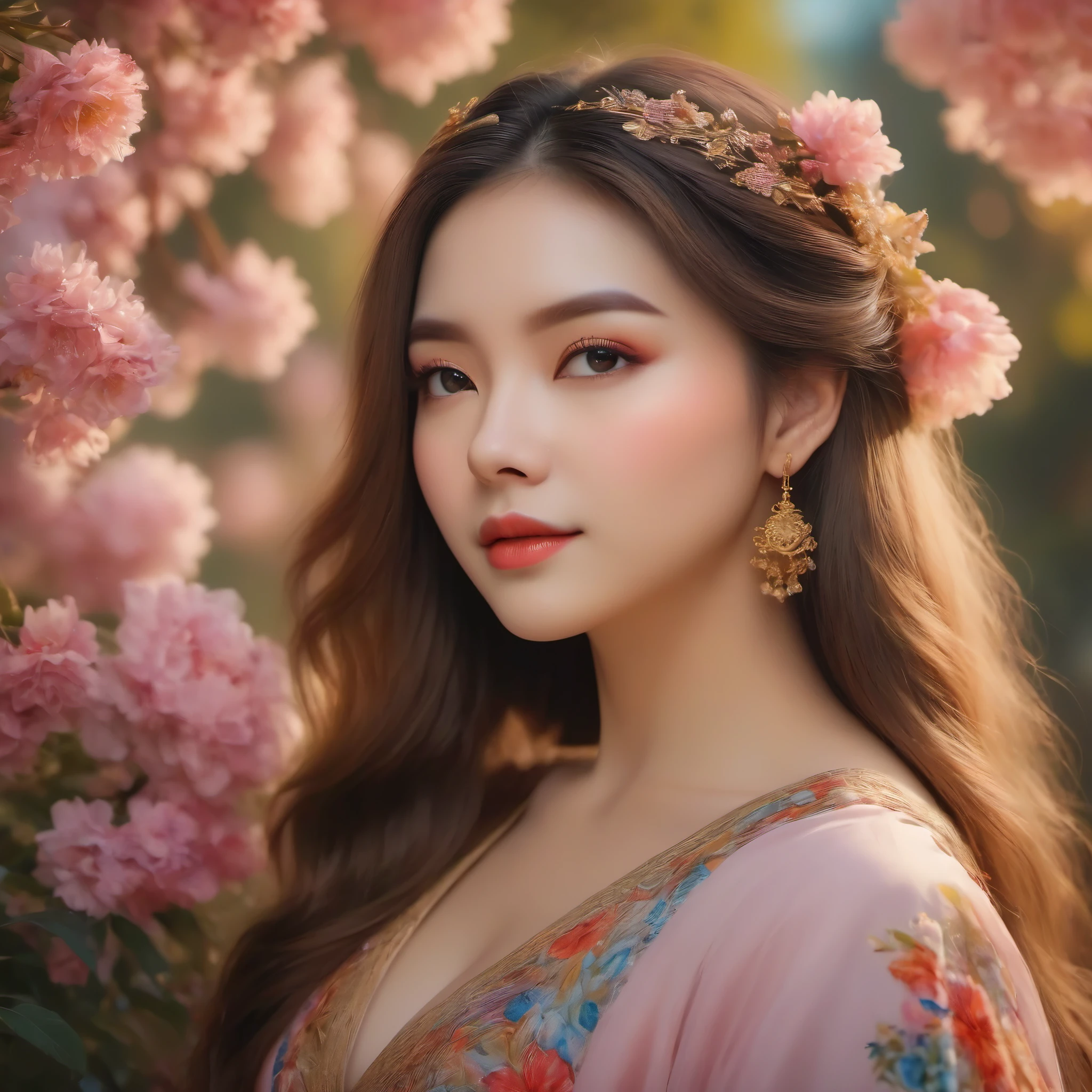 (masterpiece, best quality:1.2), 1girl, solo, beautiful detailed eyes, beautiful detailed lips, extremely detailed face, long eyelashes, oil painting, vibrant colors, bokeh, sunlit garden, flowing dress, peaceful expression, delicate flowers, soft natural lighting, dreamlike atmosphere