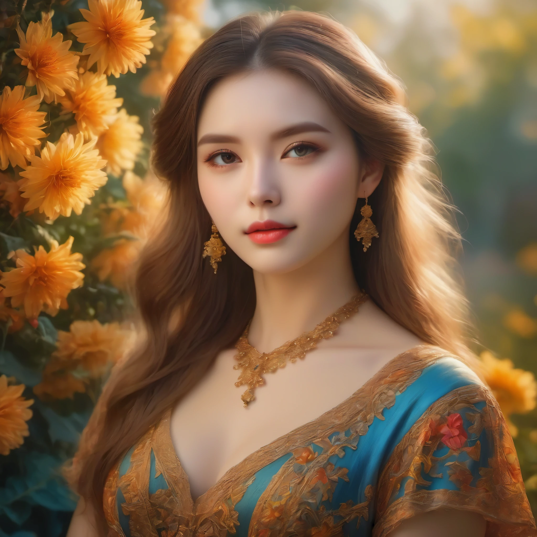 (masterpiece, best quality:1.2), 1girl, solo, beautiful detailed eyes, beautiful detailed lips, extremely detailed face, long eyelashes, oil painting, vibrant colors, bokeh, sunlit garden, flowing dress, peaceful expression, delicate flowers, soft natural lighting, dreamlike atmosphere
