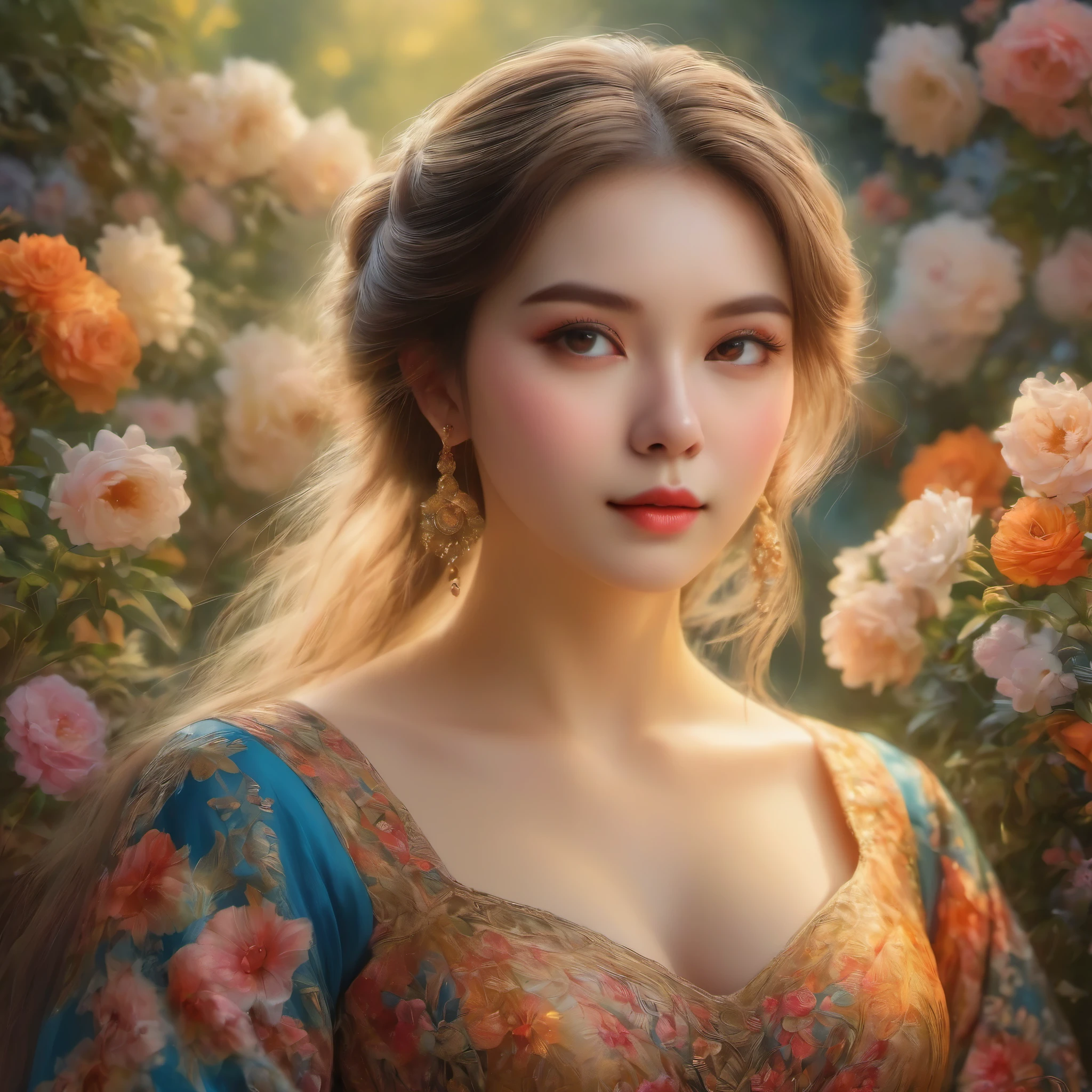 (masterpiece, best quality:1.2), 1girl, solo, beautiful detailed eyes, beautiful detailed lips, extremely detailed face, long eyelashes, oil painting, vibrant colors, bokeh, sunlit garden, flowing dress, peaceful expression, delicate flowers, soft natural lighting, dreamlike atmosphere