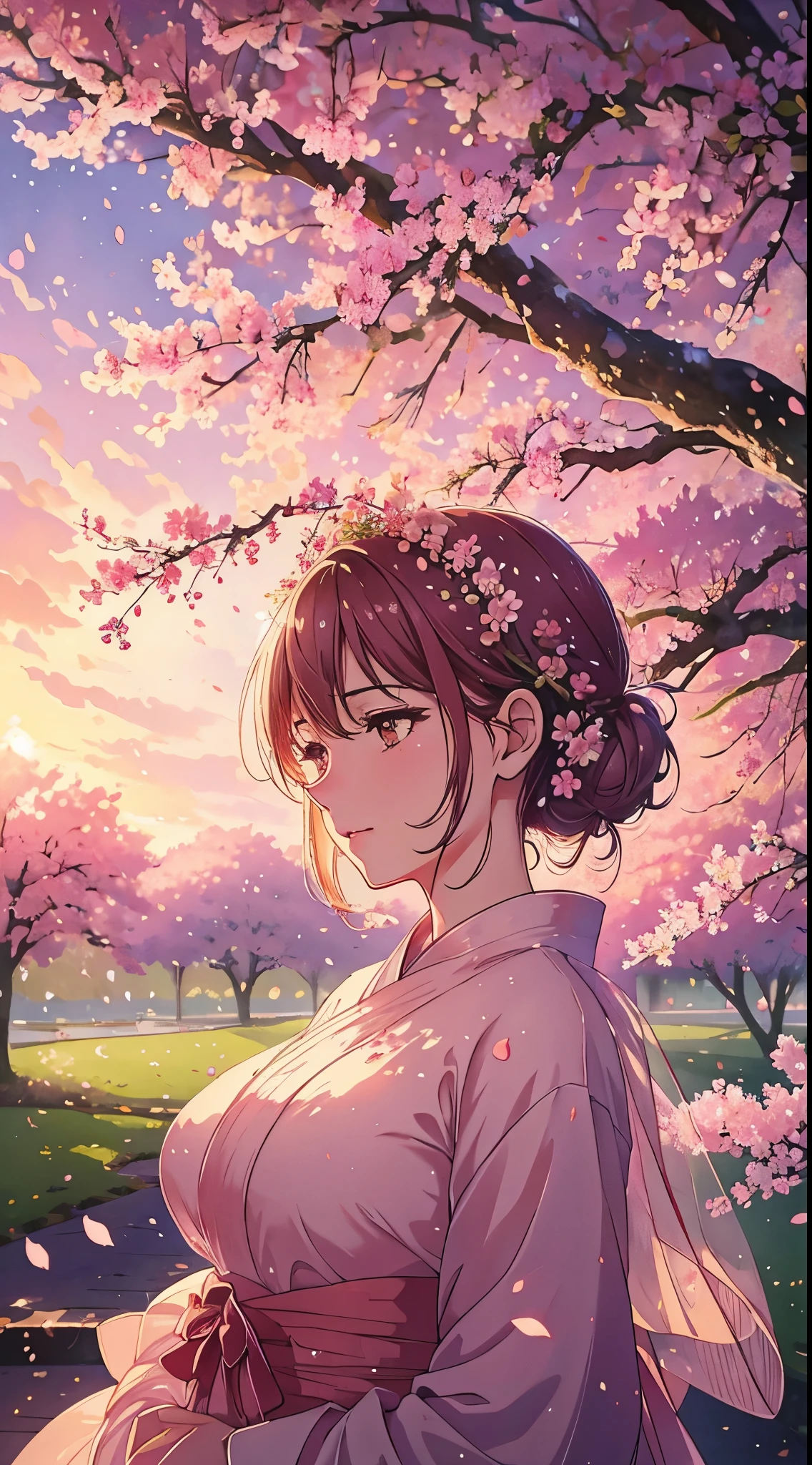 Sakuras bonitas no vento, with foaming dew drops on the petals, estilo de arte anime impressionante, cores vibrantes, soft and dreamy lighting, High resolution and realistic details.