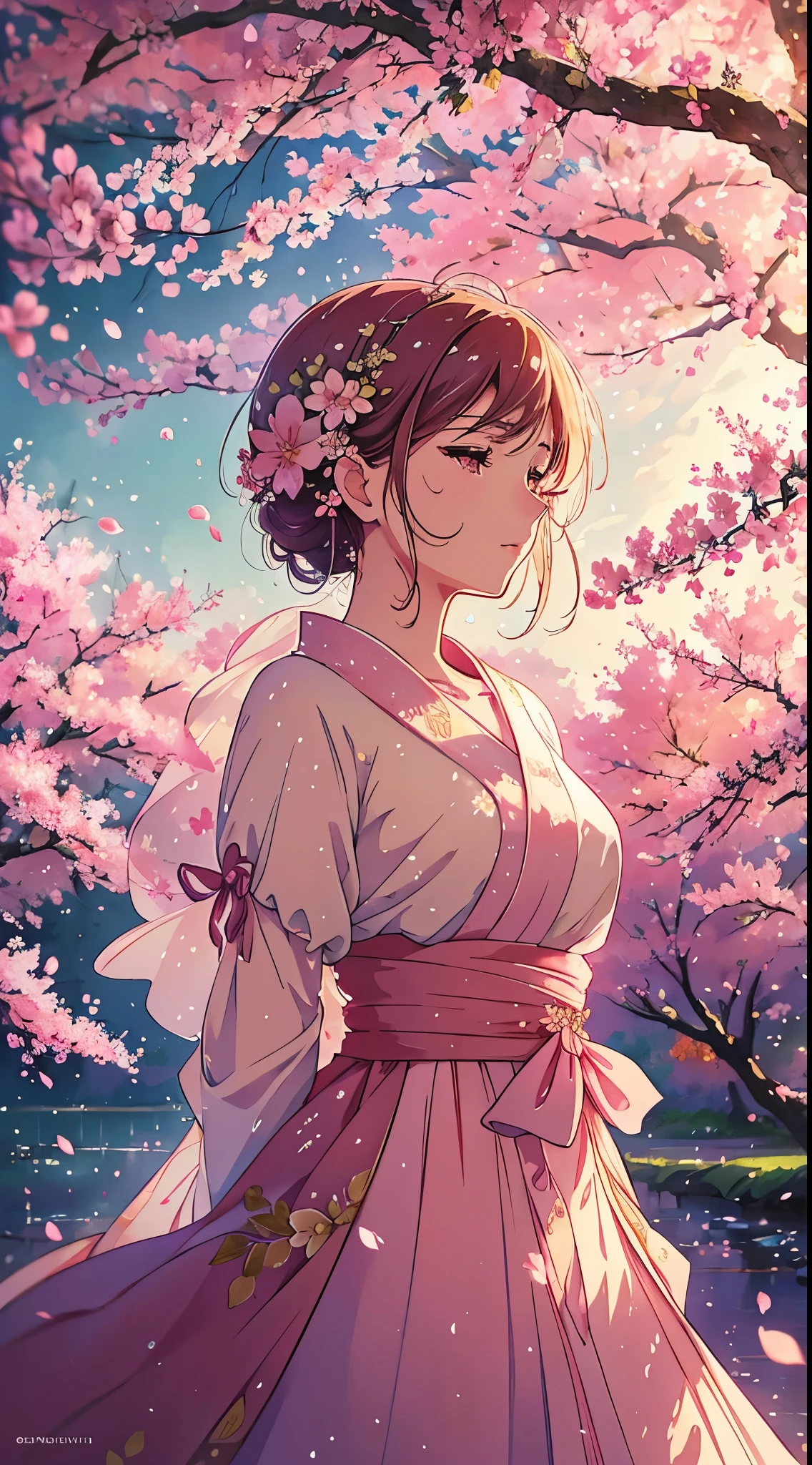 Sakuras bonitas no vento, with foaming dew drops on the petals, estilo de arte anime impressionante, cores vibrantes, soft and dreamy lighting, High resolution and realistic details. No human