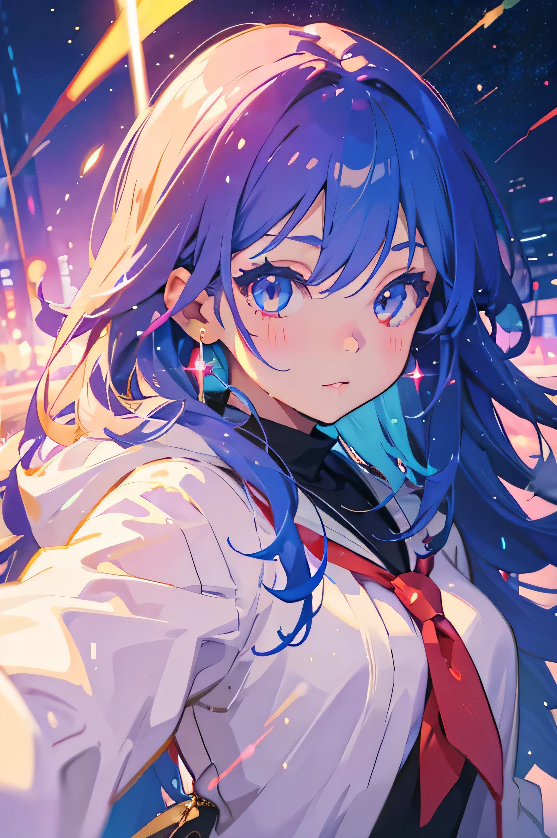 Front view、selfie、girl、colorful hair color、anime style illustration、confident look、glitter effect、My eyes are sparkling too、