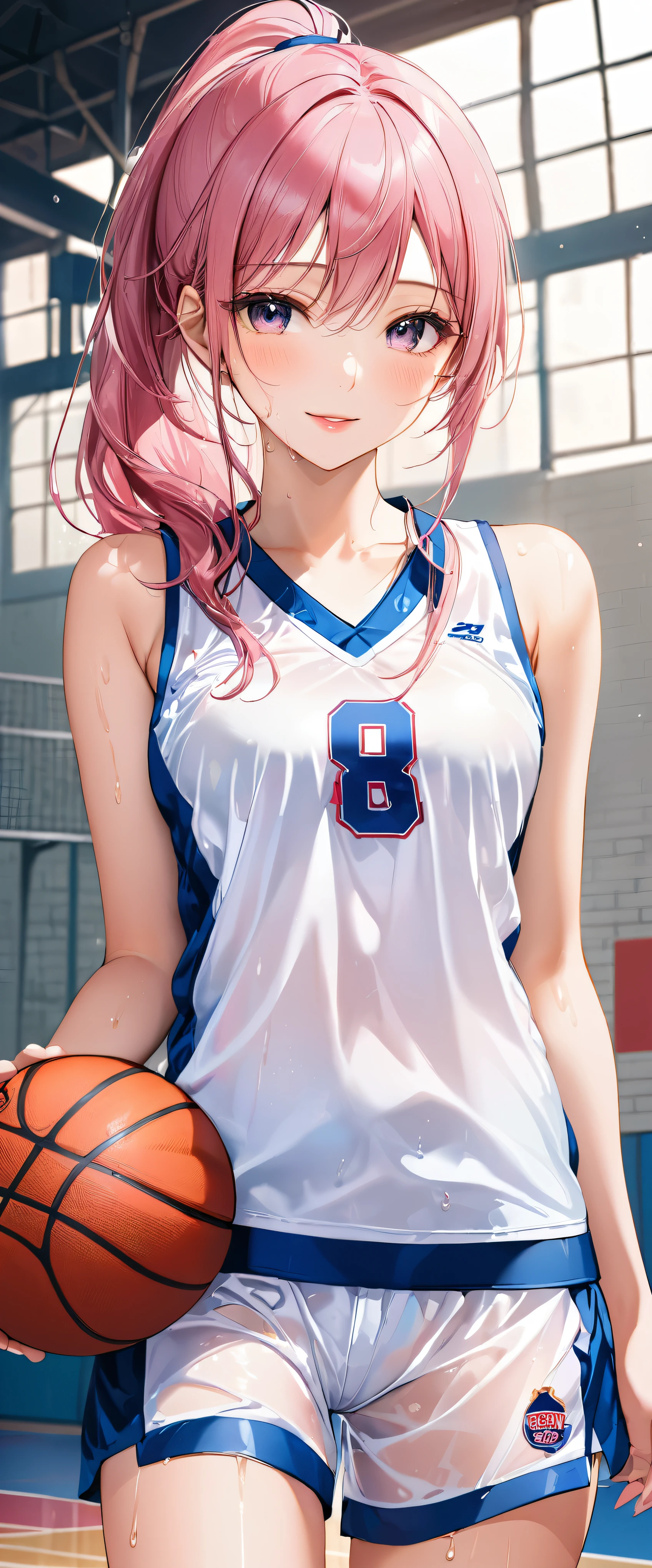 (masterpiece,highest quality,超A high resolution),japanese woman, (((Very beautiful 25 year old girl))), pretty girl、look at the photographer、 ((beautiful low ponytail)), super cute face, glossy lips, double eyelids in both eyes,natural smile、 natural makeup, long eyelashes, shiny smooth hair、center image, perfect limbs, perfect anatomy,(((basketball uniform)))、,(wet with sweat),See-through
