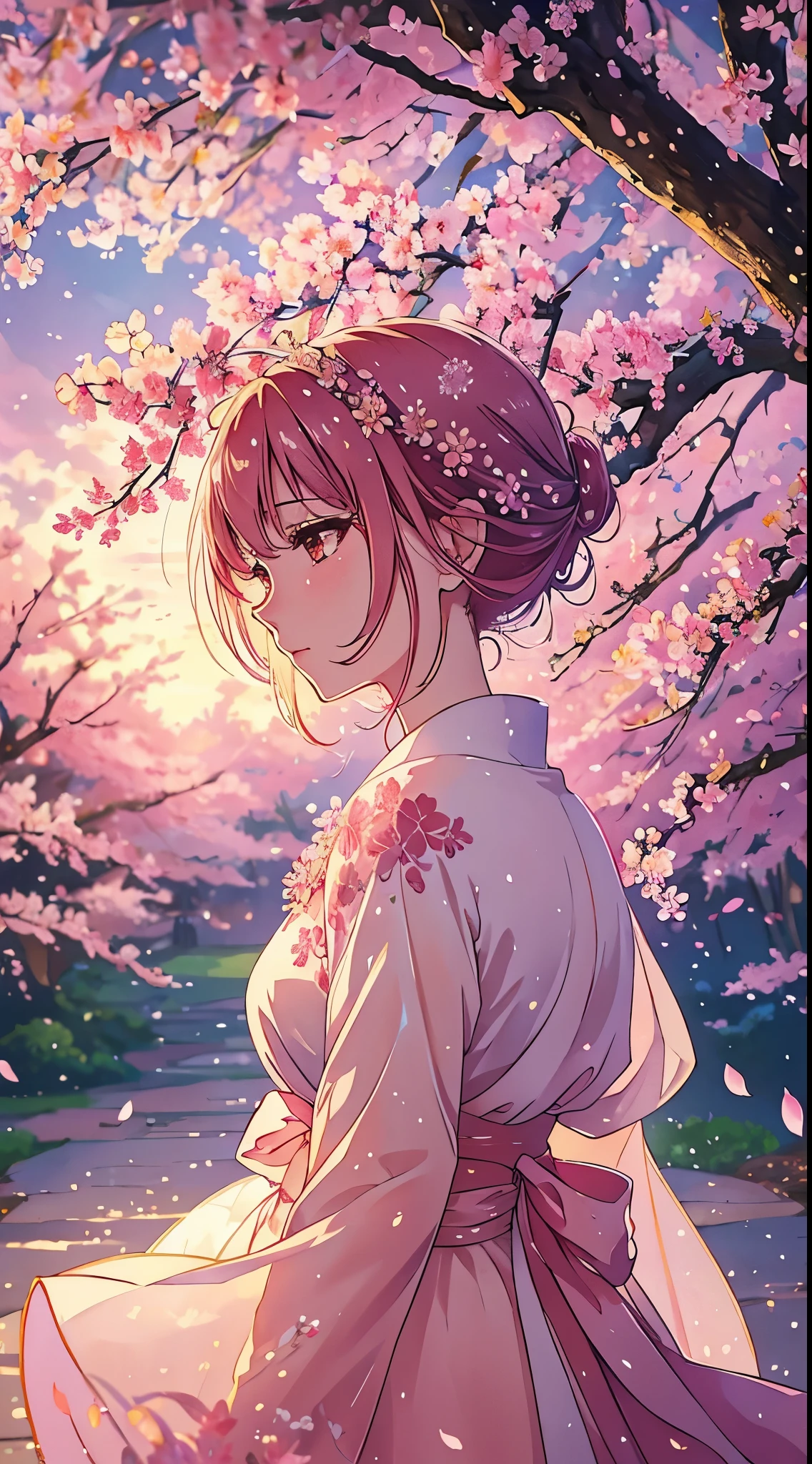 Sakuras bonitas no vento, with foaming dew drops on the petals, estilo de arte anime impressionante, cores vibrantes, soft and dreamy lighting, High resolution and realistic details. No human