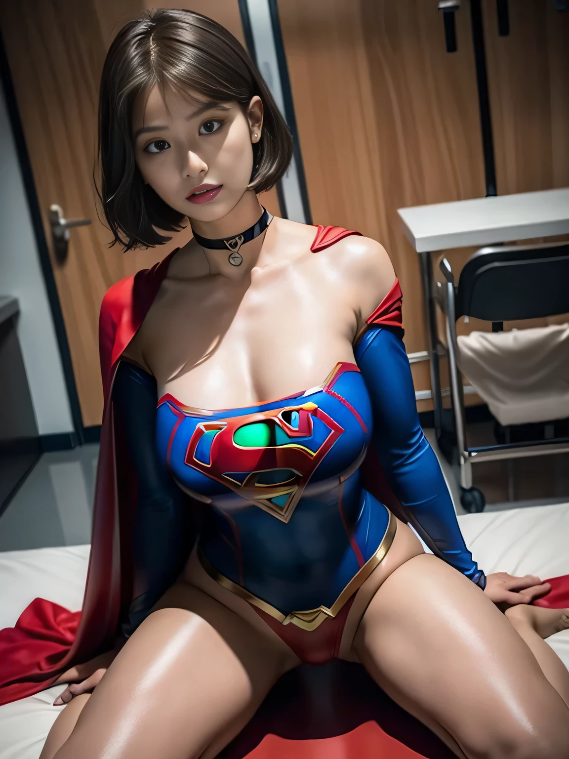 masterpiece、supergirl costume、short hair、barefoot、big and full breasts、human experiment subjects、Research room、operating table、Crisis situation、straddle、choker、shiny、looking at camera、Seduce、choker、long sleeve、red sexy pose、model body shape、