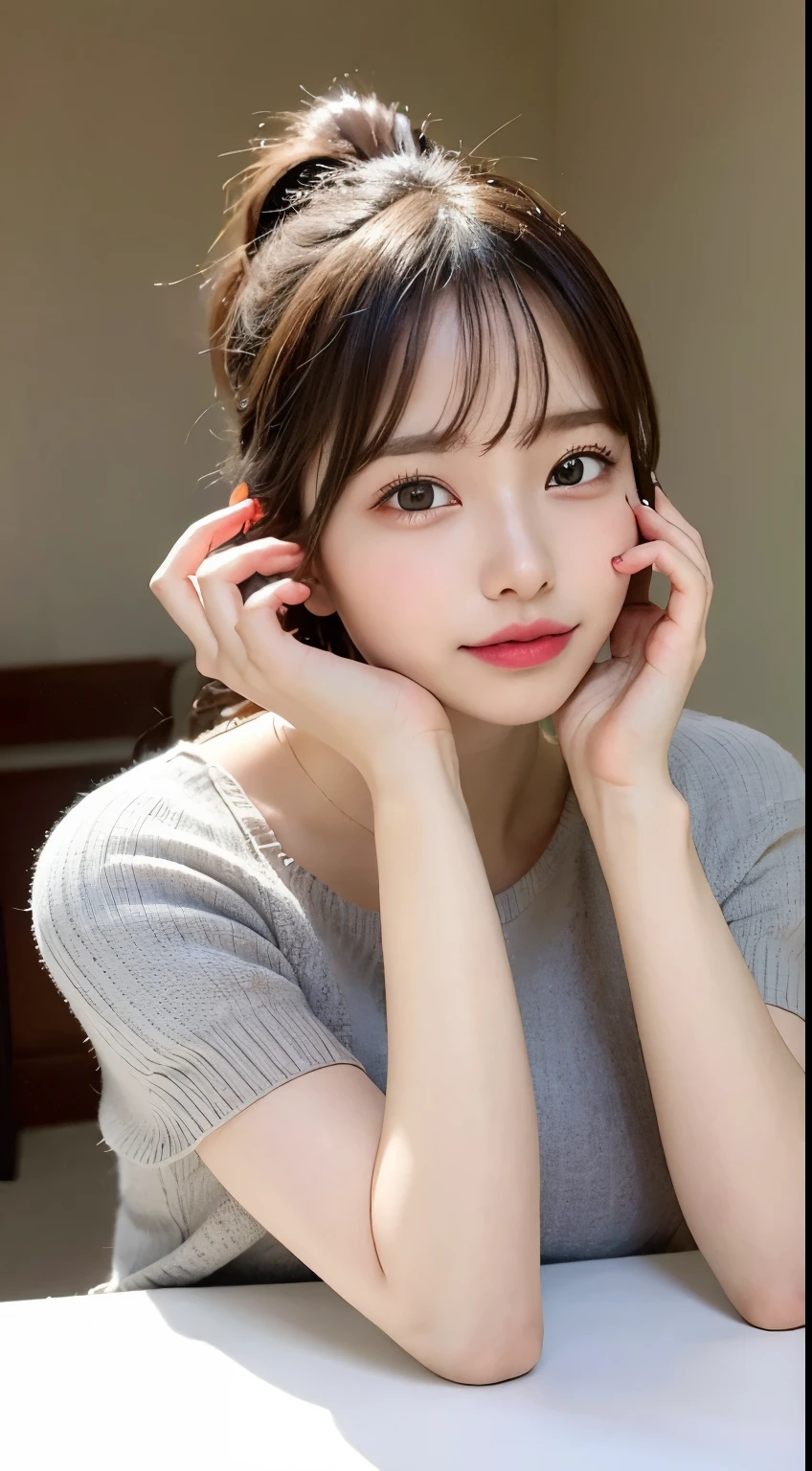 small details, High resolution, high quality、完璧なダイナミックな構shape, beautiful and delicate eyes, medium hair, 、natural color lips,to work rick cuckoo、20 year old girl、1 person、transparent skin、shining hair、on the table, 最high quality, shape, Super detailed, small details, High resolution, 8k、correct state of the human body、please strike a cute pose,ponytail,,perfect beautiful face,KPOP idol face,There is a feeling of ecstasy on the face,light gray knit dress,background blur,Randomly dressed as a female model&#39;fashion magazine