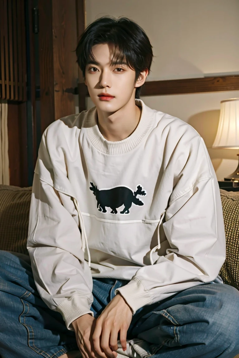 masterpiece，best quality，a cool boy、high resolution，超high resolution，Virtuous，realistically，young people，korean idol、handsome face，stay in the room、Sitting on the sofa、Long-sleeved sweatshirt with gray pants、incandescent lamp、Stylish room、