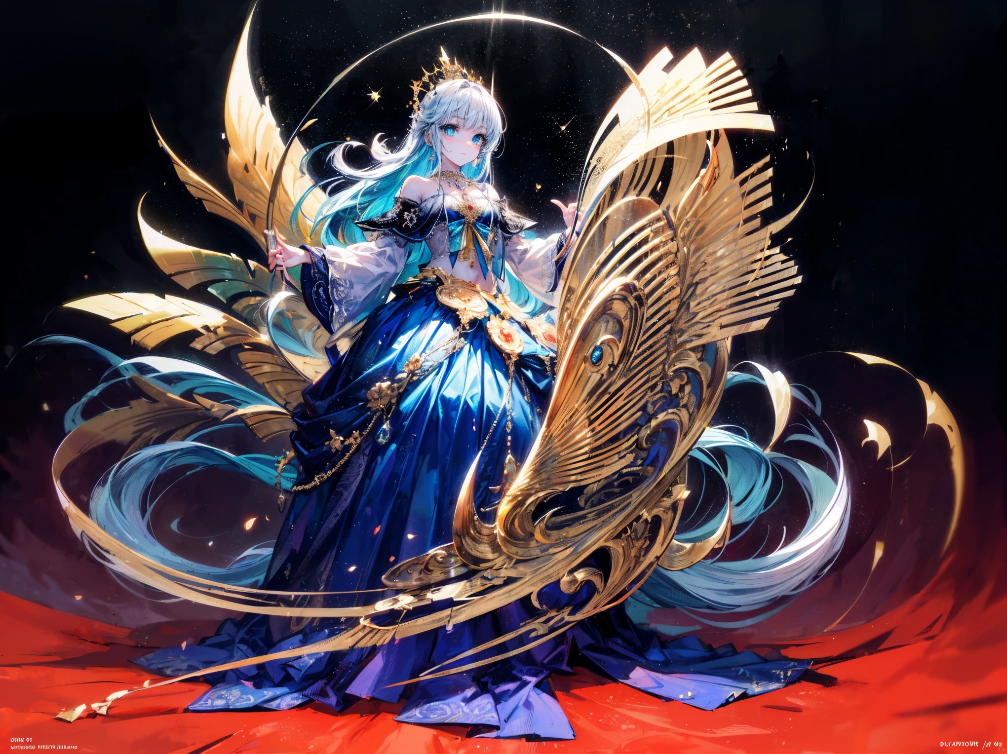 (Masterpiece:1.3),(Best quality:1.3),(High quality:1.3),(8K),(large-scale masterpiece Digital art),(Detailed manga illustrations),(Intricate details:1.3),(Ultra-detailed:1.3),(illustration:1.3),(Sharp focus:1.3),(Natural lighting:1.05),(Vivid colors:1.8),(Face lighting:1.1),(Well-lit face:1),(Perfect face:2),(Beautiful face:2),(Sultry eyes:1.4),(Beautiful eyes:2),Extremely detailed CG,detailed anime art,((perfect)) anatomy, Perfect hands,Extremely detailed face,Extremely detailed eyes,Extremely detailed body,extremely detailed finger,Dynamic hair,well edited photography,(((beautiful image))), a master piece of storytelling, An image of the inside of a golden luxury palace with white marble and golden furnishings, (a boy:1.2) wearing formal wear and delicate tiara, necklace, boy, shota, full set of accessories,crystal material,ribbons, filigree,Rococo style clothing,cute anime boy in beautiful clothes,(flowing skirt: 1.5),(clothing in (blue) and white),Off-the-shoulder top,extra long hair,Off-the-shoulder white top,Round young face,necklace,Big clear eyes,Long eyelashes,Slim waist,Lightweight Makeup,Neat teeth, A slight smile,((at dark night:1.5)),starry sky, galaxy,aurora,castle,palace,marble,moonlight illuminating the castle,(Extremely detailed background:1.5),(Full body:1.7),model shoot style,extremely tense and dramatic pictures,the colorful lighting, dazzle,interior lighting,((Cinematic light)), (ray-traced reflection, Glow),Volumetric light,atmospheric lighting,(Natural lighting:1.3),model shoot style,diagonal composition,