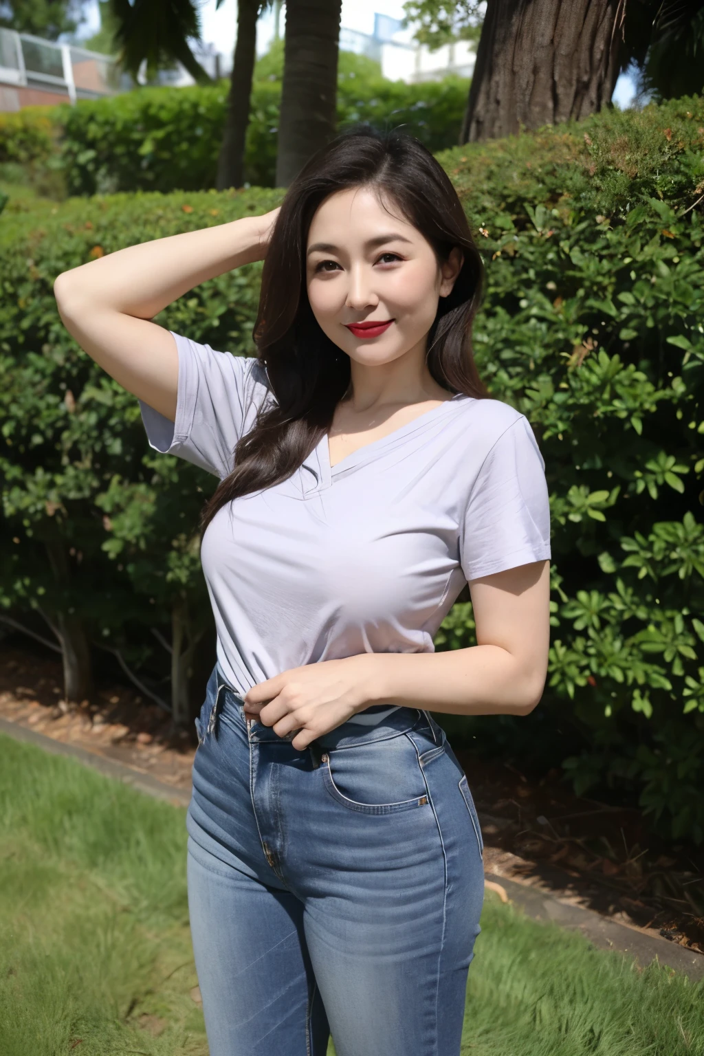 Draw lips correctly, red lipstick, from chest up, best quality, Super detailed, lifelike, Super fine skin, perfect anatomy, (1 日本Mature的女人), (alone)，Wear a gray shirt，short sleeves，blue jeans，wavy long hair，37-year-old female，Mature，charming smile，outdoor background，stand，Leg length，Chubby，Big breasts，stand up，full-body shot
